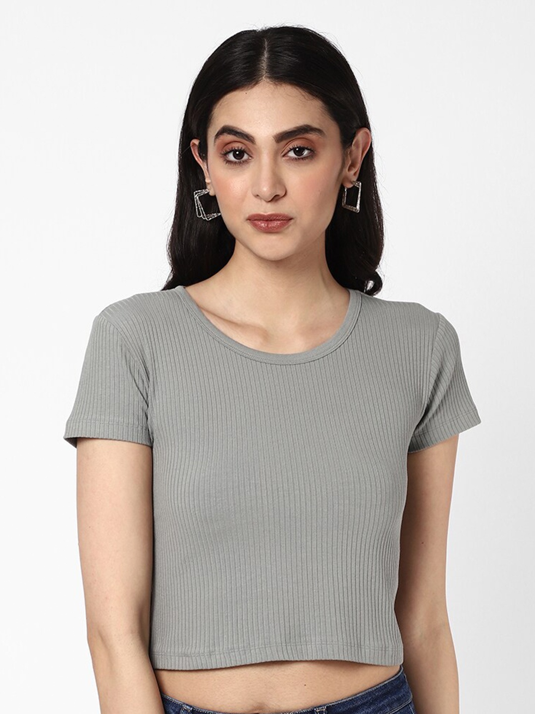 

R&B Round Neck Cotton Crop Top, Blue