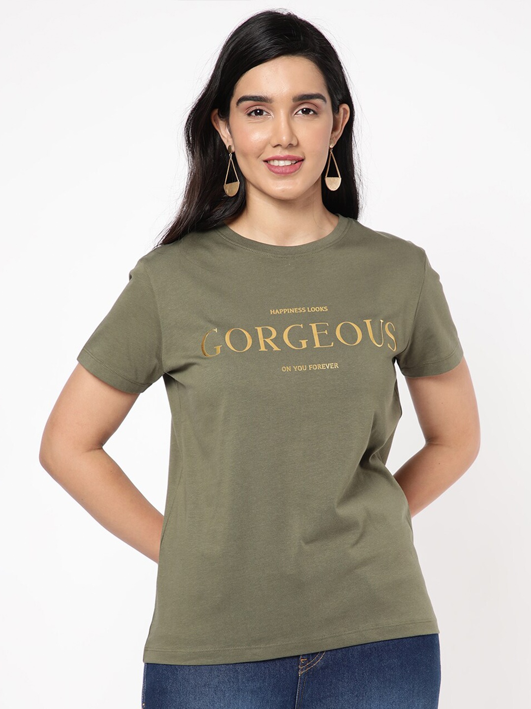 

R&B Round Neck Typography Printed Cotton T-shirts, Olive