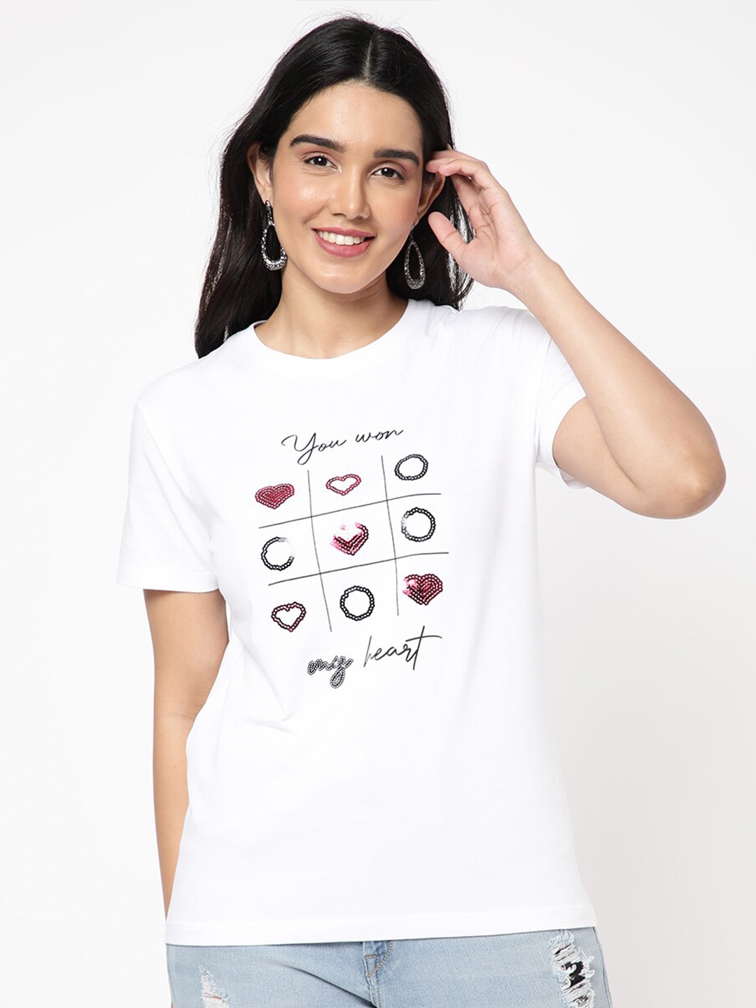 

R&B Round Neck Printed Cotton T-shirts, White