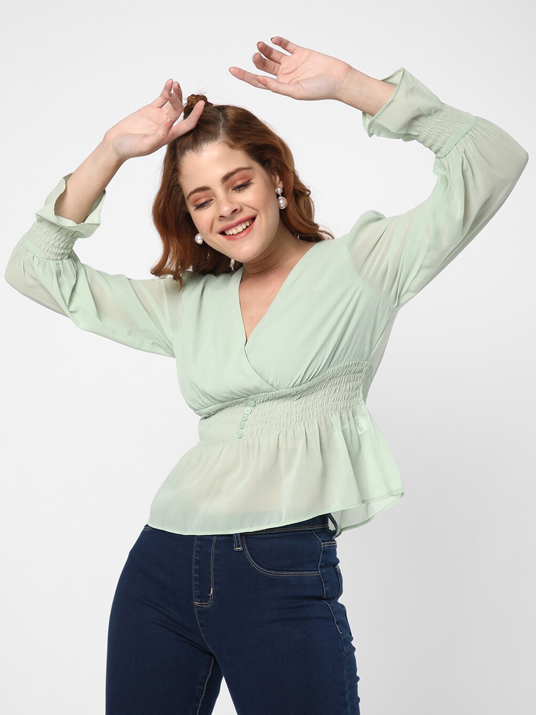 

R&B V-Neck Cuffed Sleeves Cinched Waist Cotton Top, Green