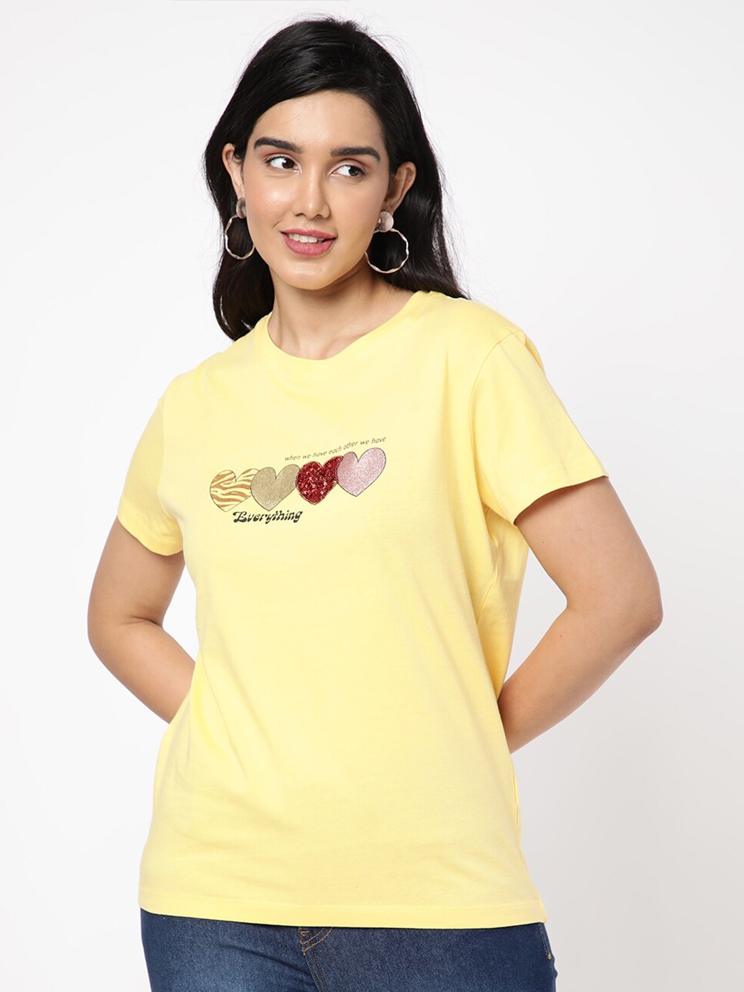 

R&B Round Neck Printed Cotton T-shirts, Yellow