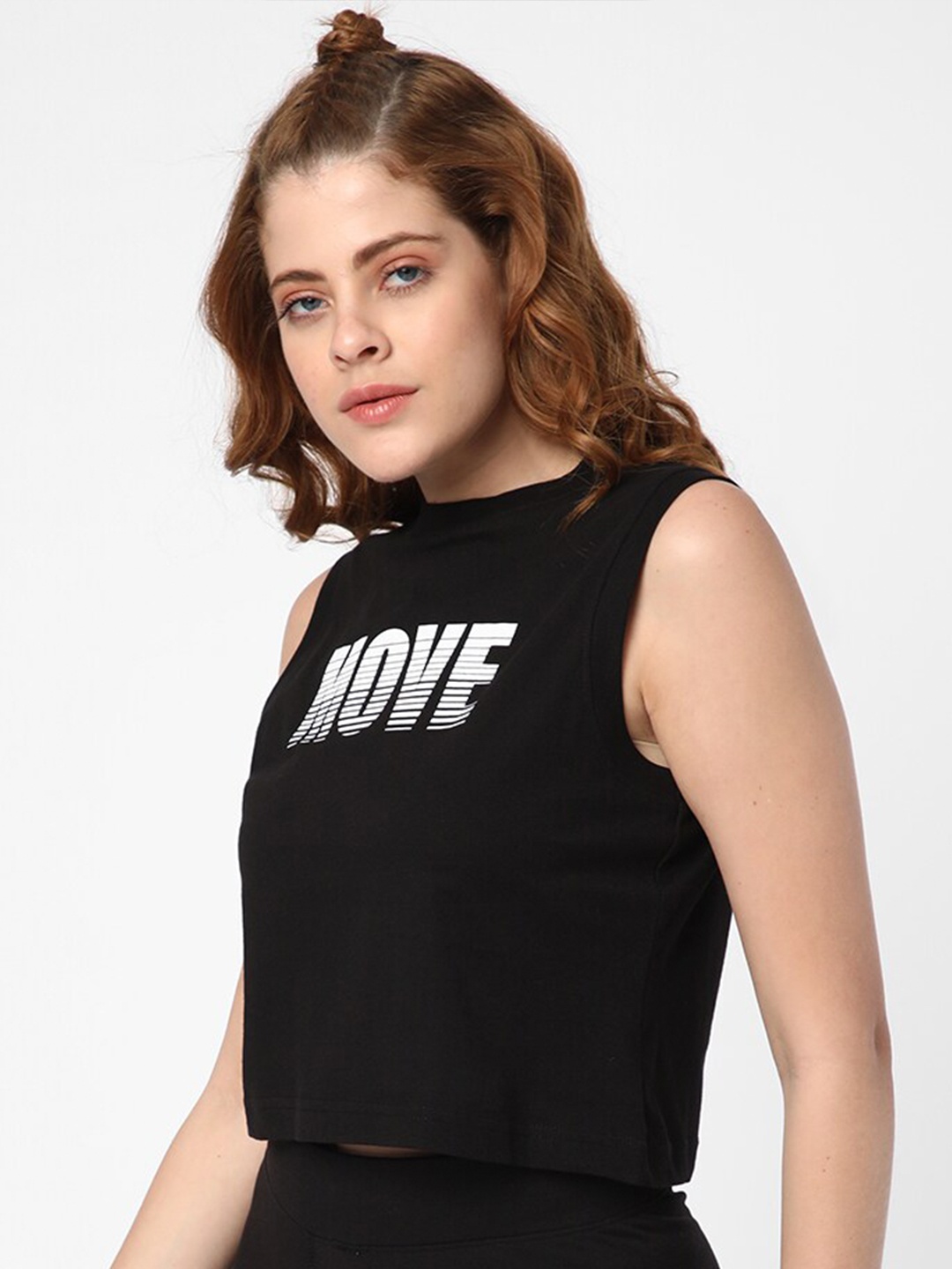 

R&B Round Neck Typography Printed Cotton Top, Black