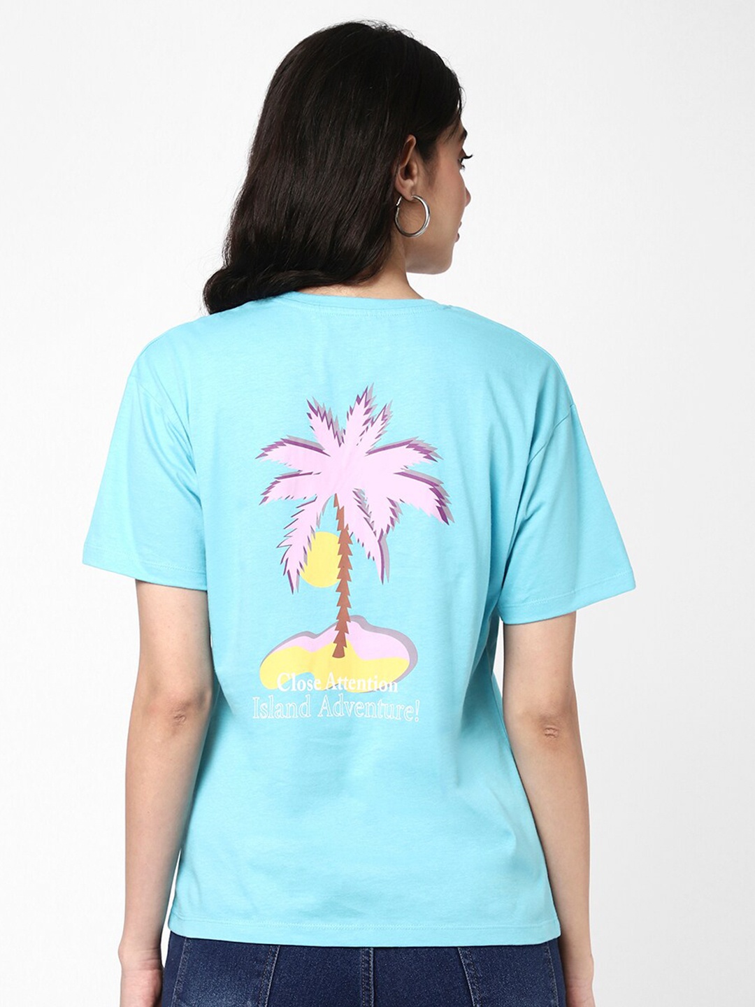 

R&B Round Neck Graphic Printed Styled Back Cotton Top, Blue