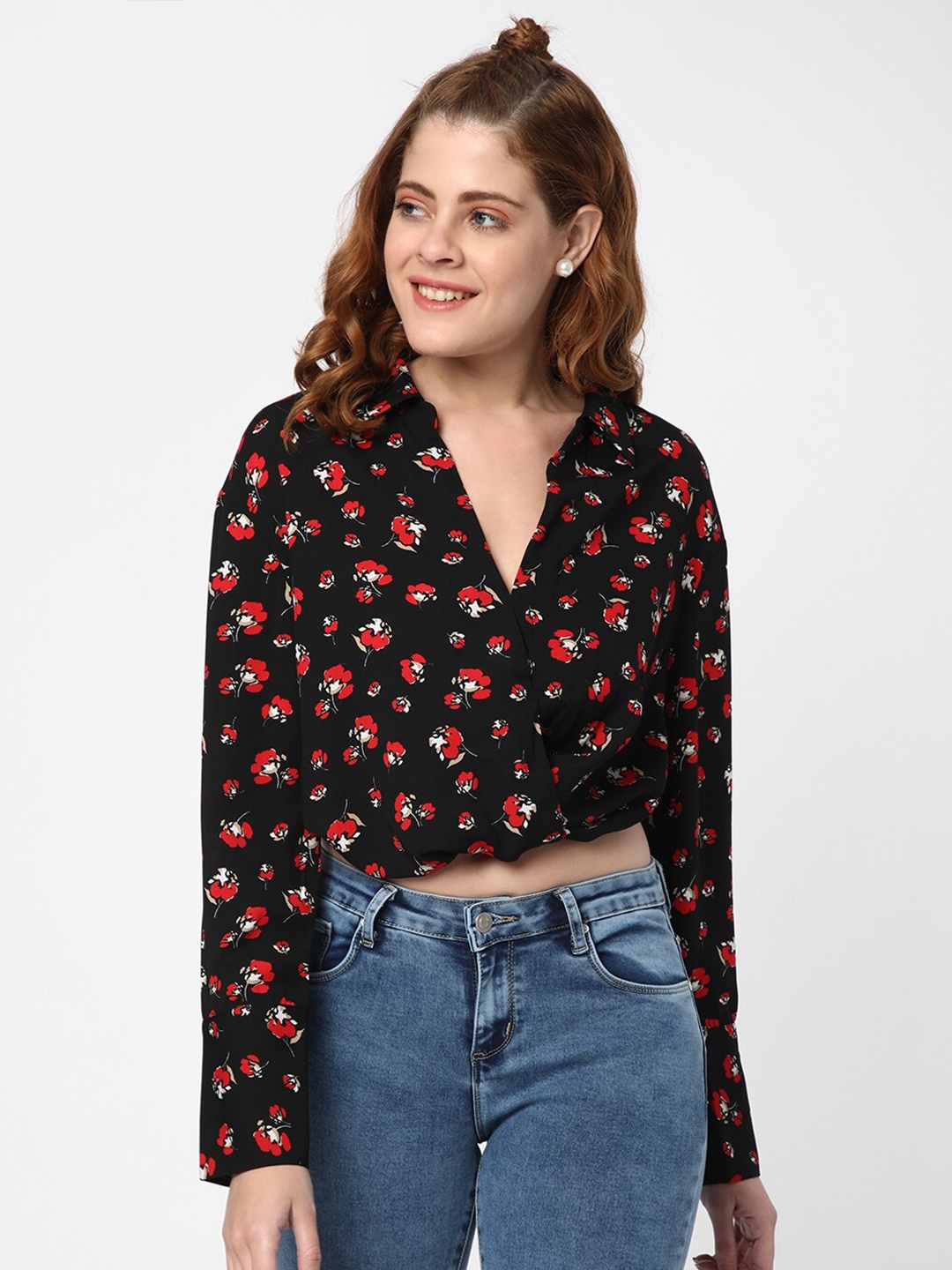 

R&B Floral Printed Shirt Style Cotton Crop Top, Black