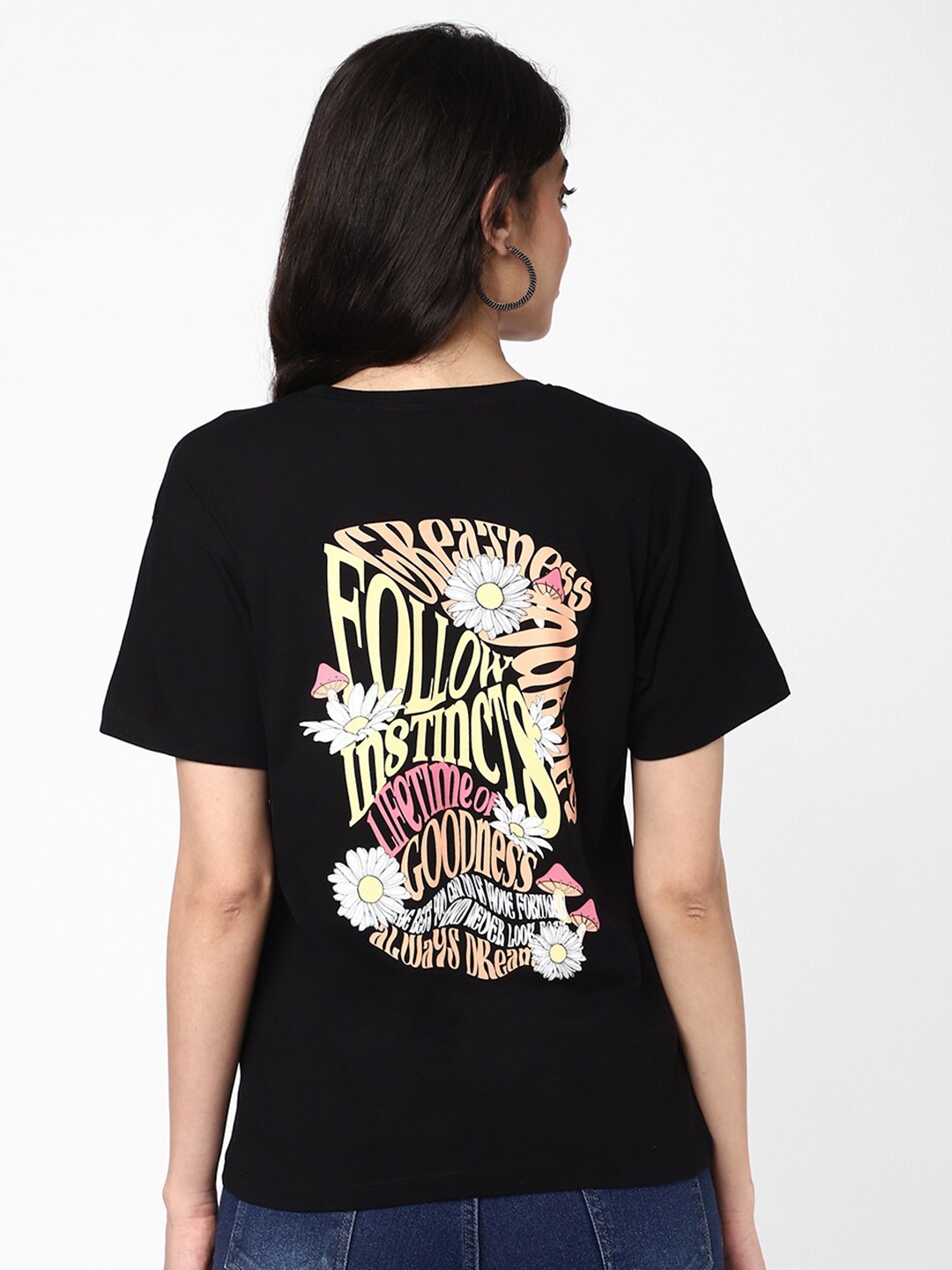 

R&B Round Neck Typography Graphic Printed Cotton Top, Black