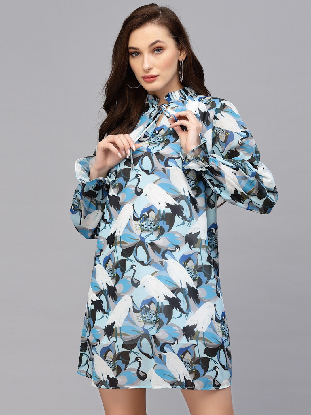 

VALBONE Floral Printed Tie-Up Neck Georgette A-Line Dress, Blue