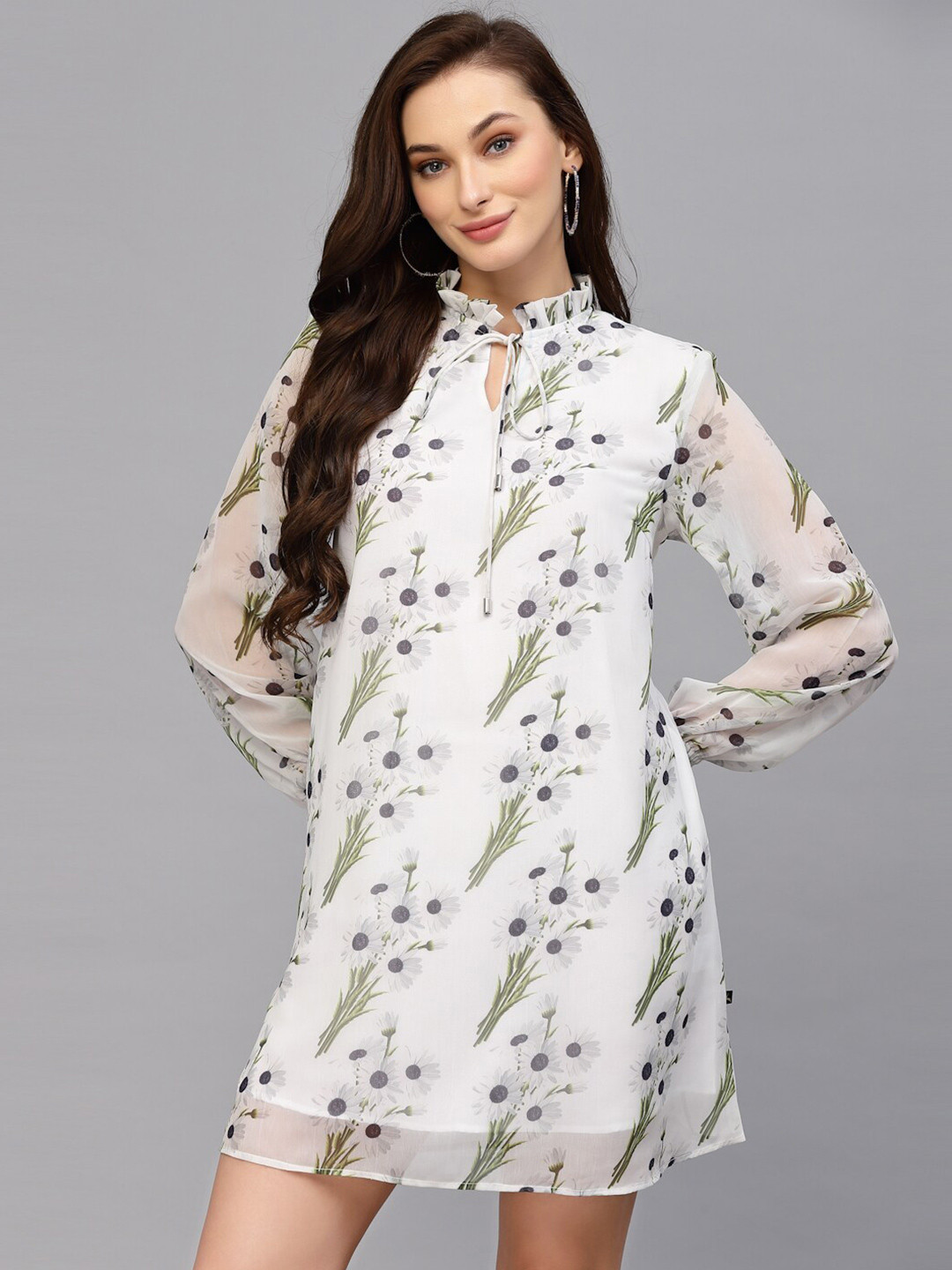 

VALBONE Floral Printed Tie-Up Neck Georgette A-Line Mini Dress, White