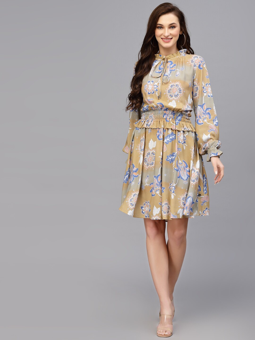 

VALBONE Floral Printed Tie-Up Neck Smocked Georgette A-Line Dress, Mustard