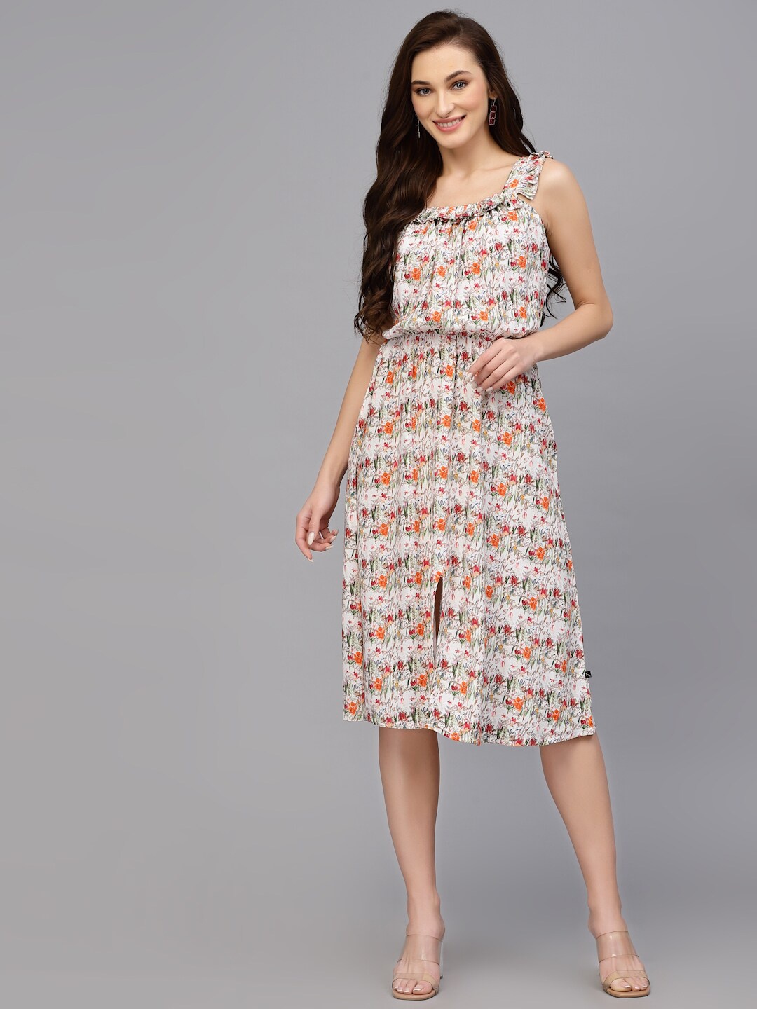 

VALBONE Floral Printed Shoulder Straps Georgette A-Line Midi Dress, Off white