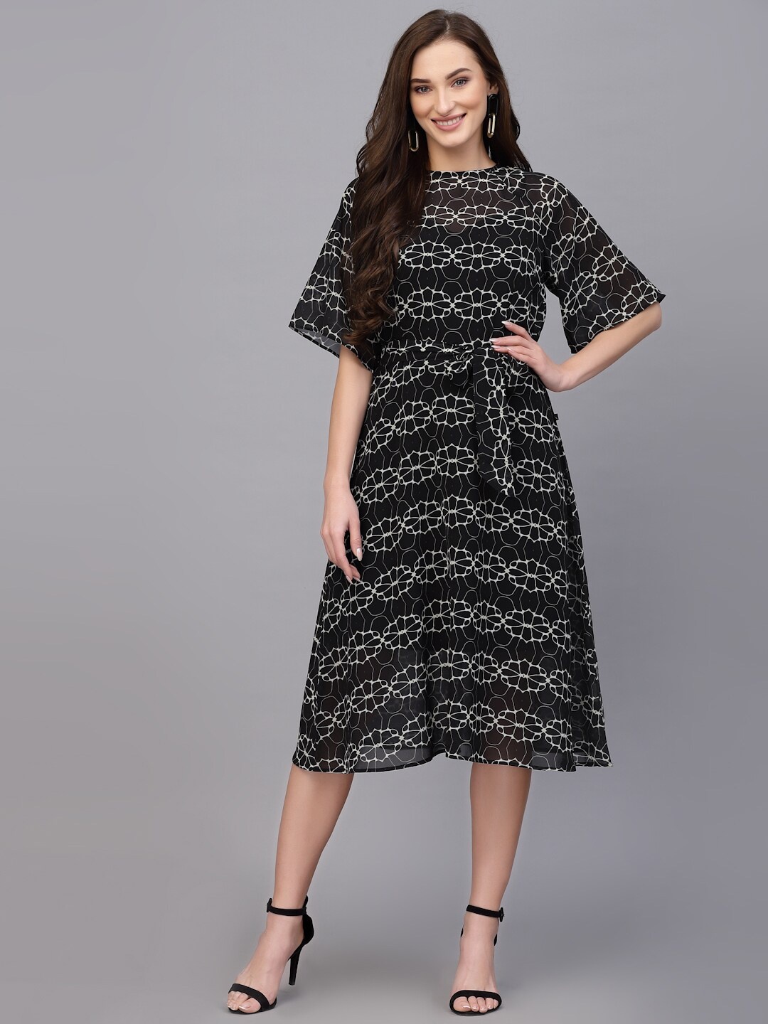 

VALBONE Geometric Printed Georgette A-Line Midi Dress, Black