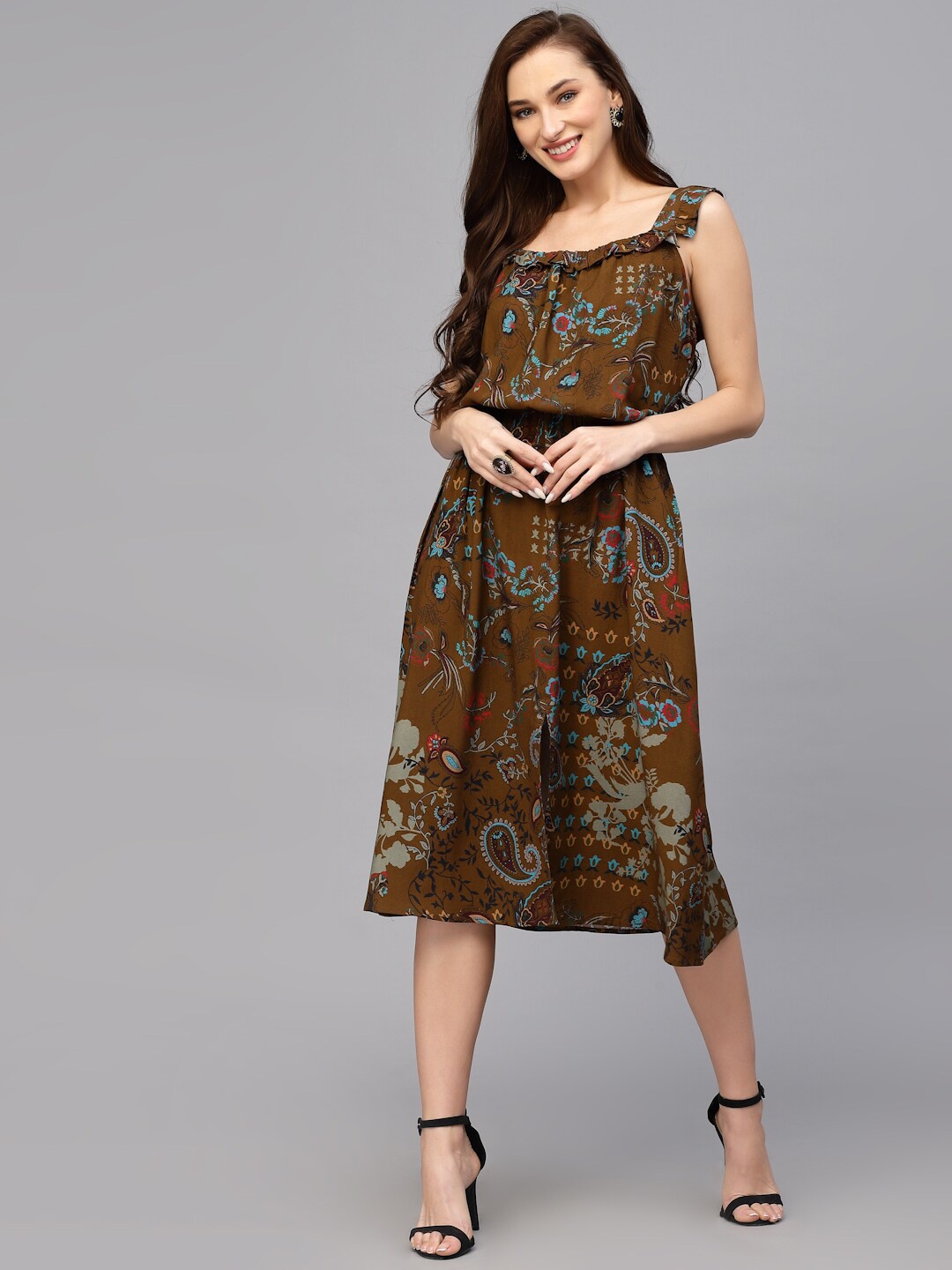 

VALBONE Floral Printed Sleeveless Georgette A-Line Midi Dress, Brown