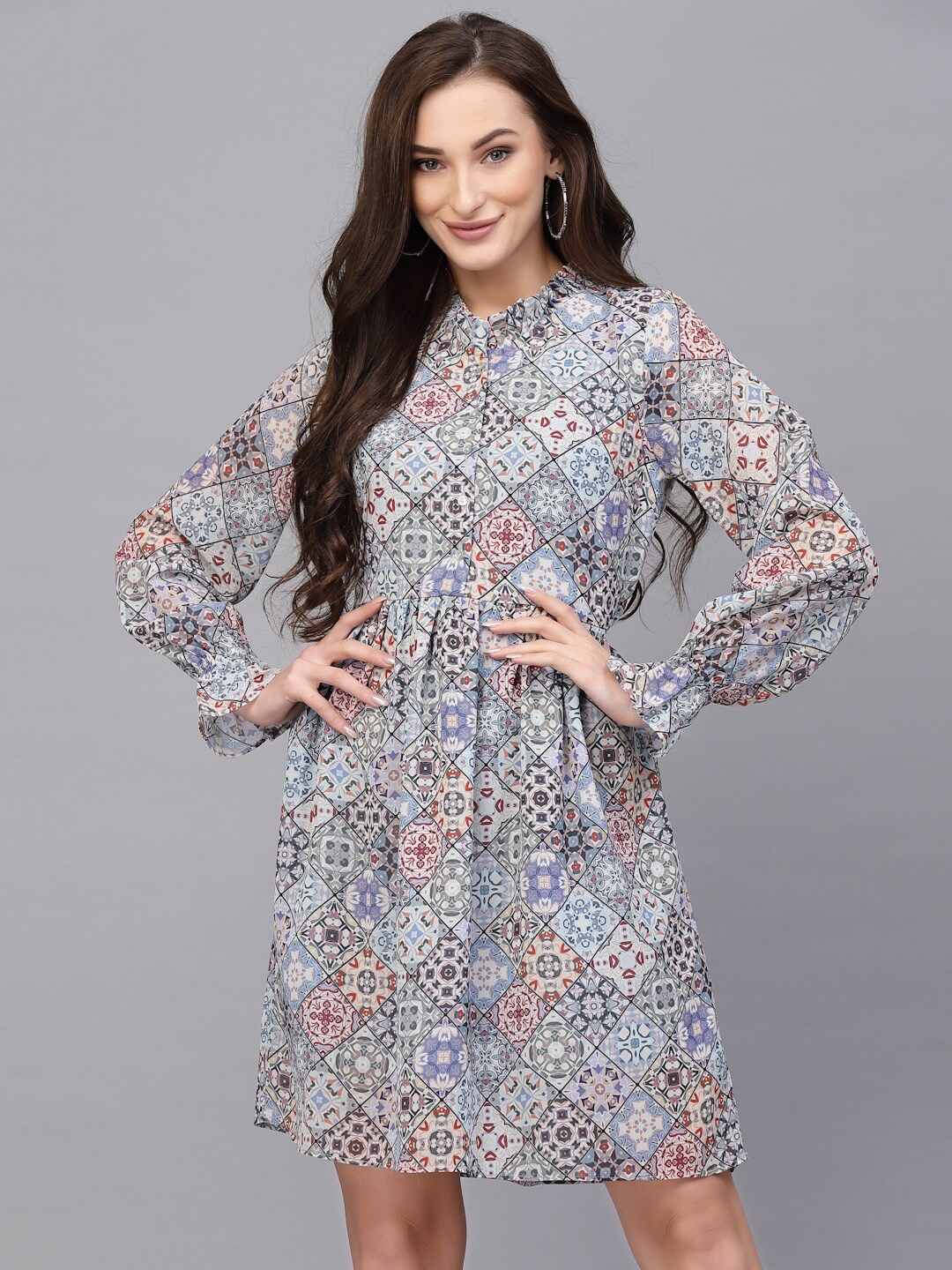 

VALBONE Geometric Printed Bell Sleeves Georgette A-Line Dress, Grey