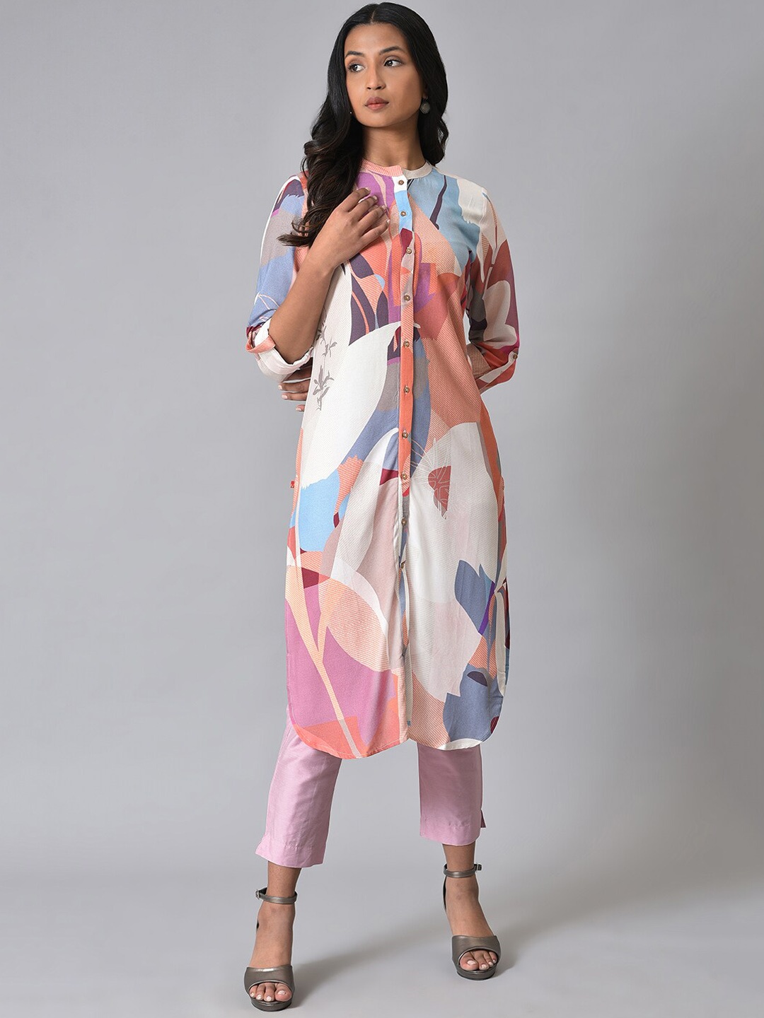

W Women Abstract Printed Band Collar Curved Kurta with Trousers, White