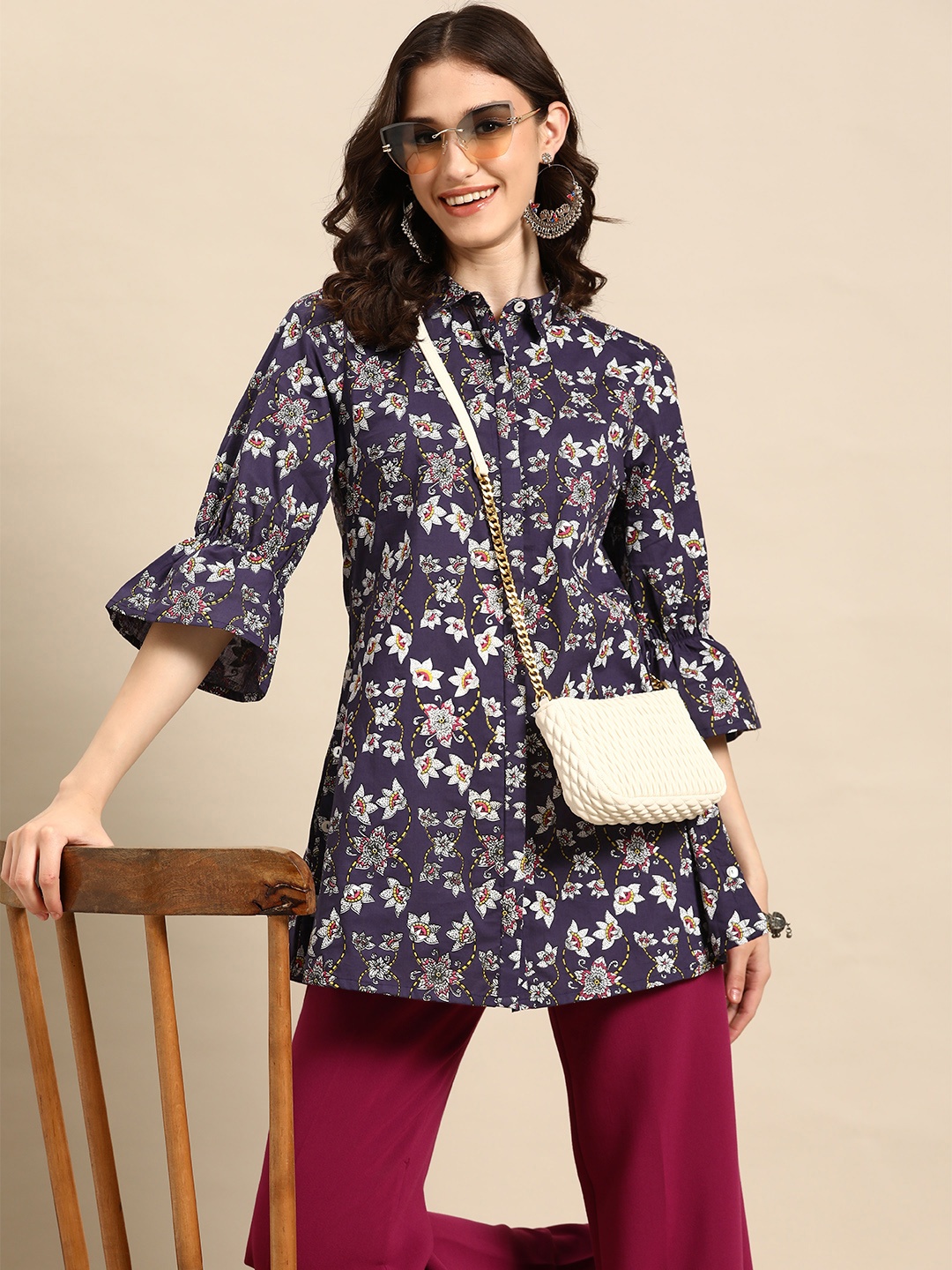 

Sangria Floral Print Cotton Shirt Style Longline Top, Purple