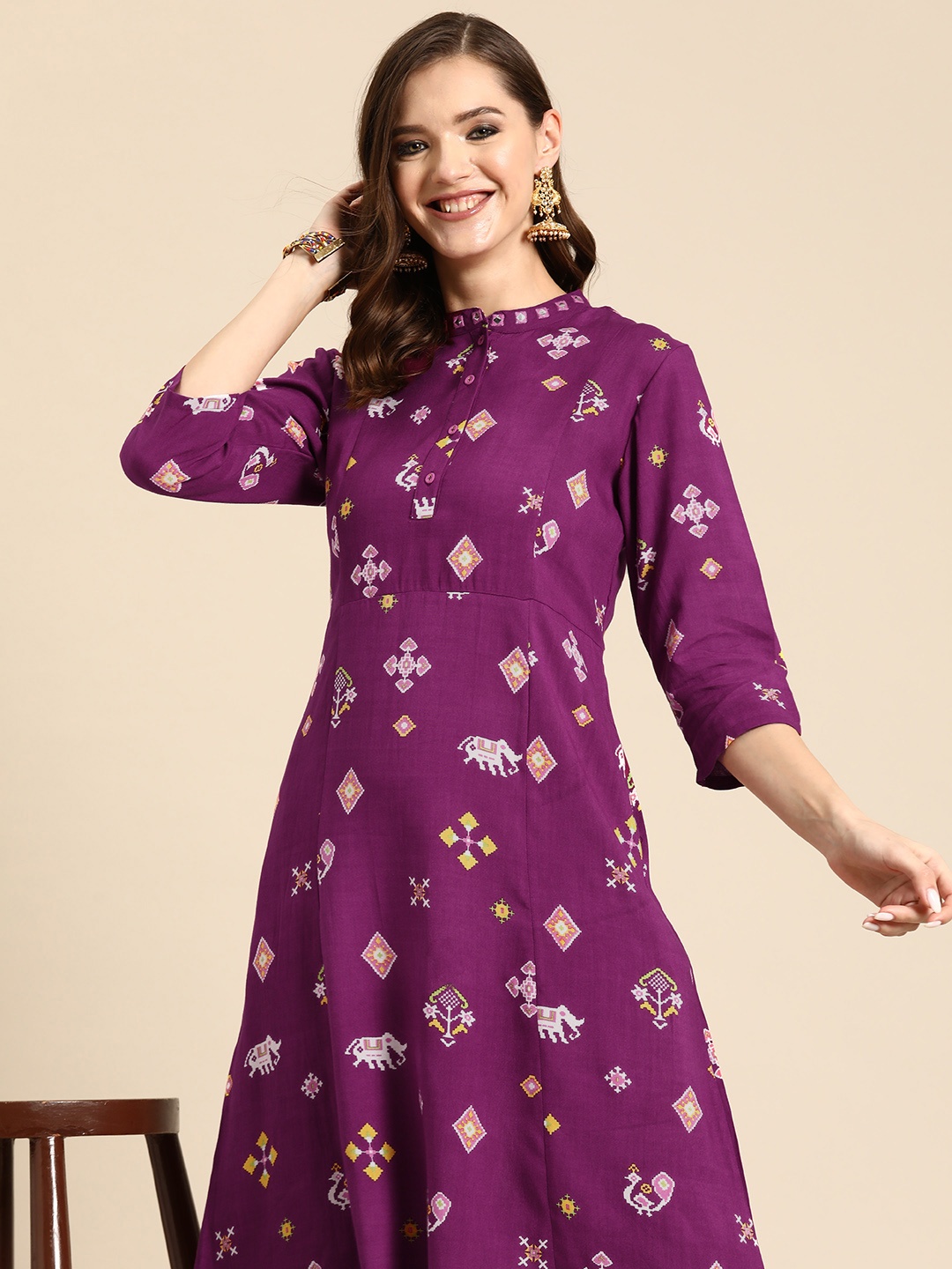 

Sangria Ethnic Motifs Printed A-Line Kurta, Burgundy