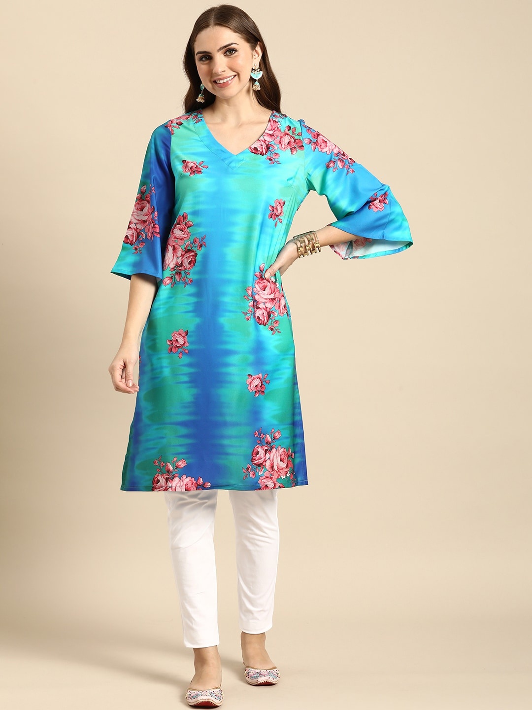 

Sangria Floral Printed Flared Sleeves Straight Kurta, Blue