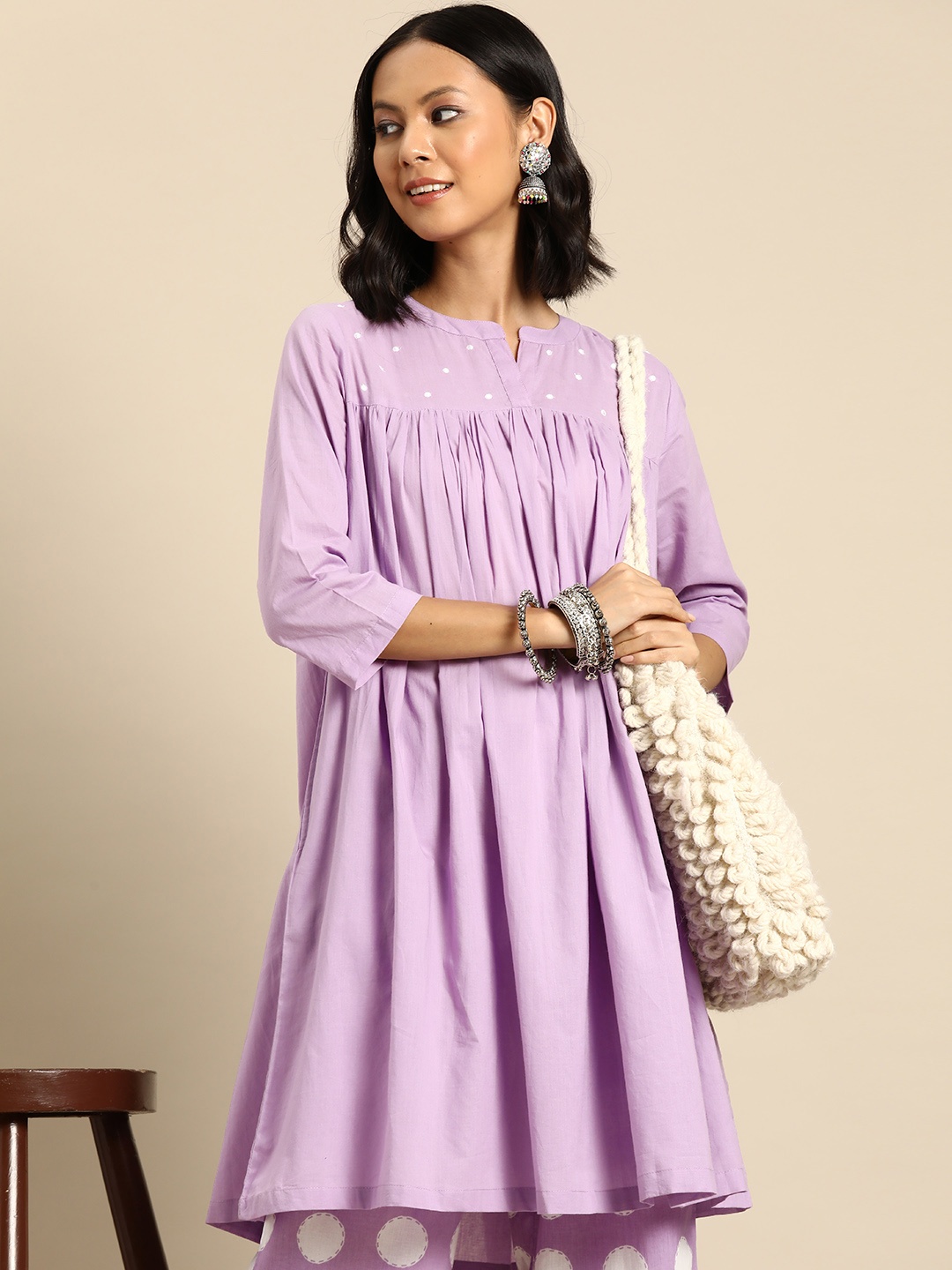 

Sangria Women Yoke Design Gathered Pure Cotton Kurta with Trousers, Lavender