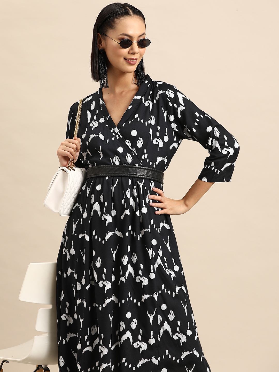 

Sangria Printed Wrap Midi Dress, Black