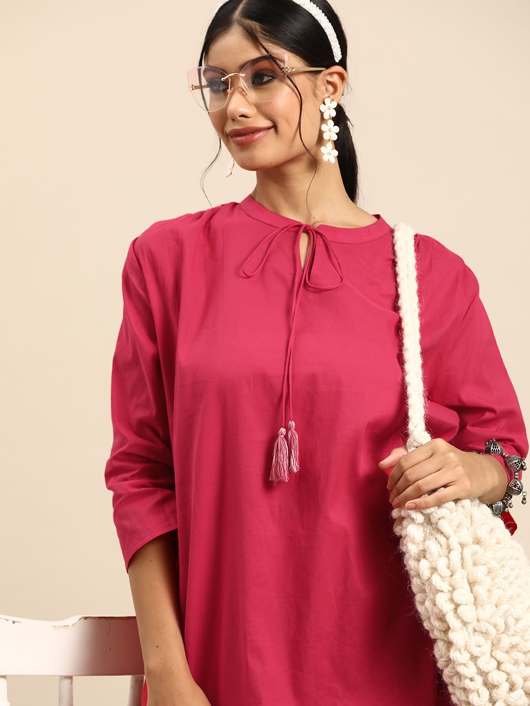 

Sangria Pure Cotton A-Line Kurta & Cropped Trousers Set, Fuchsia
