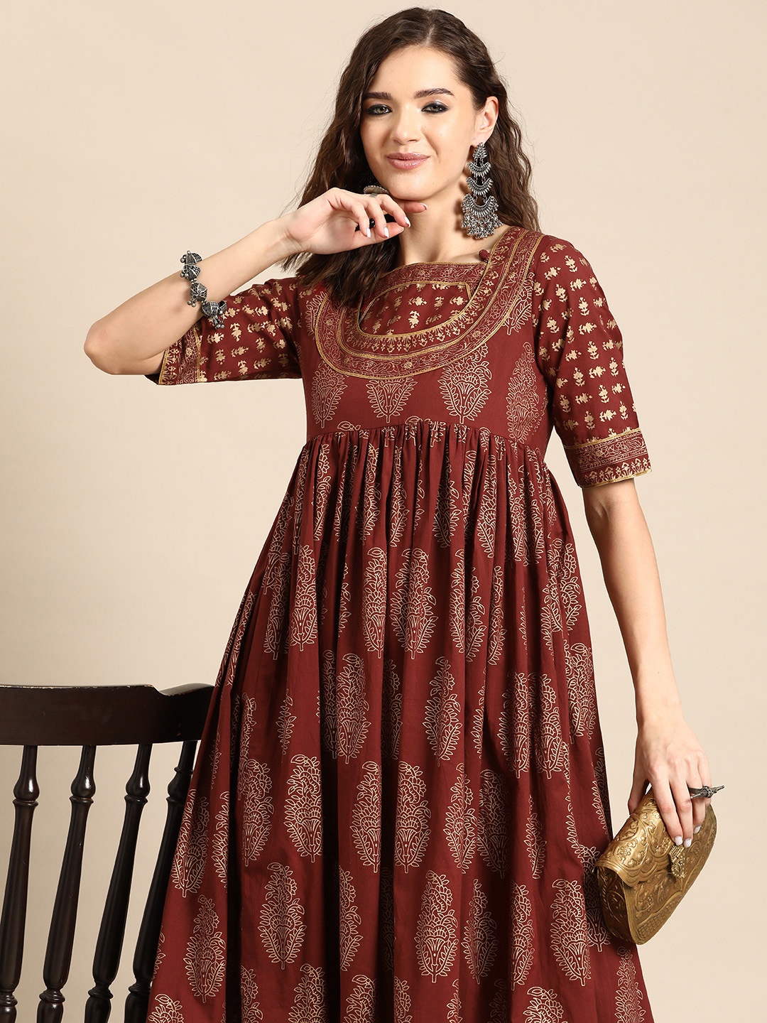 

Sangria Ethnic Motifs Printed Pleated A-line Kurta, Brown