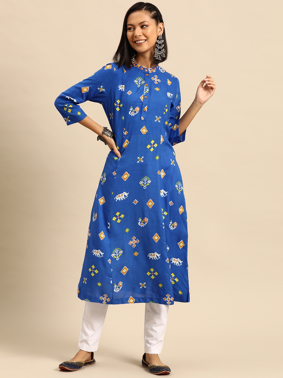 

Sangria Ethnic Motifs Printed Mirror Work Detail A-Line Kurta, Blue