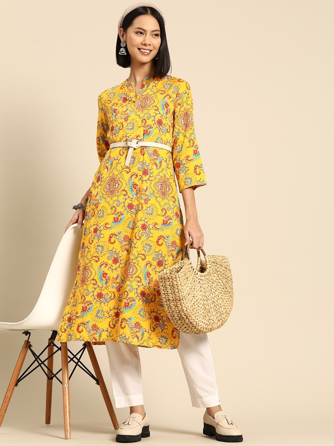 

Sangria Women Ethnic Motifs Printed Kurta, Mustard