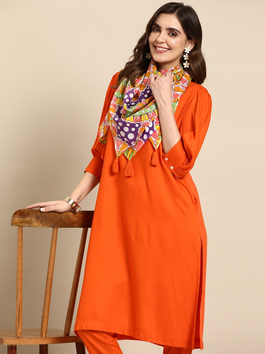 

Sangria Women Kurta with Trousers & Dupatta, Orange