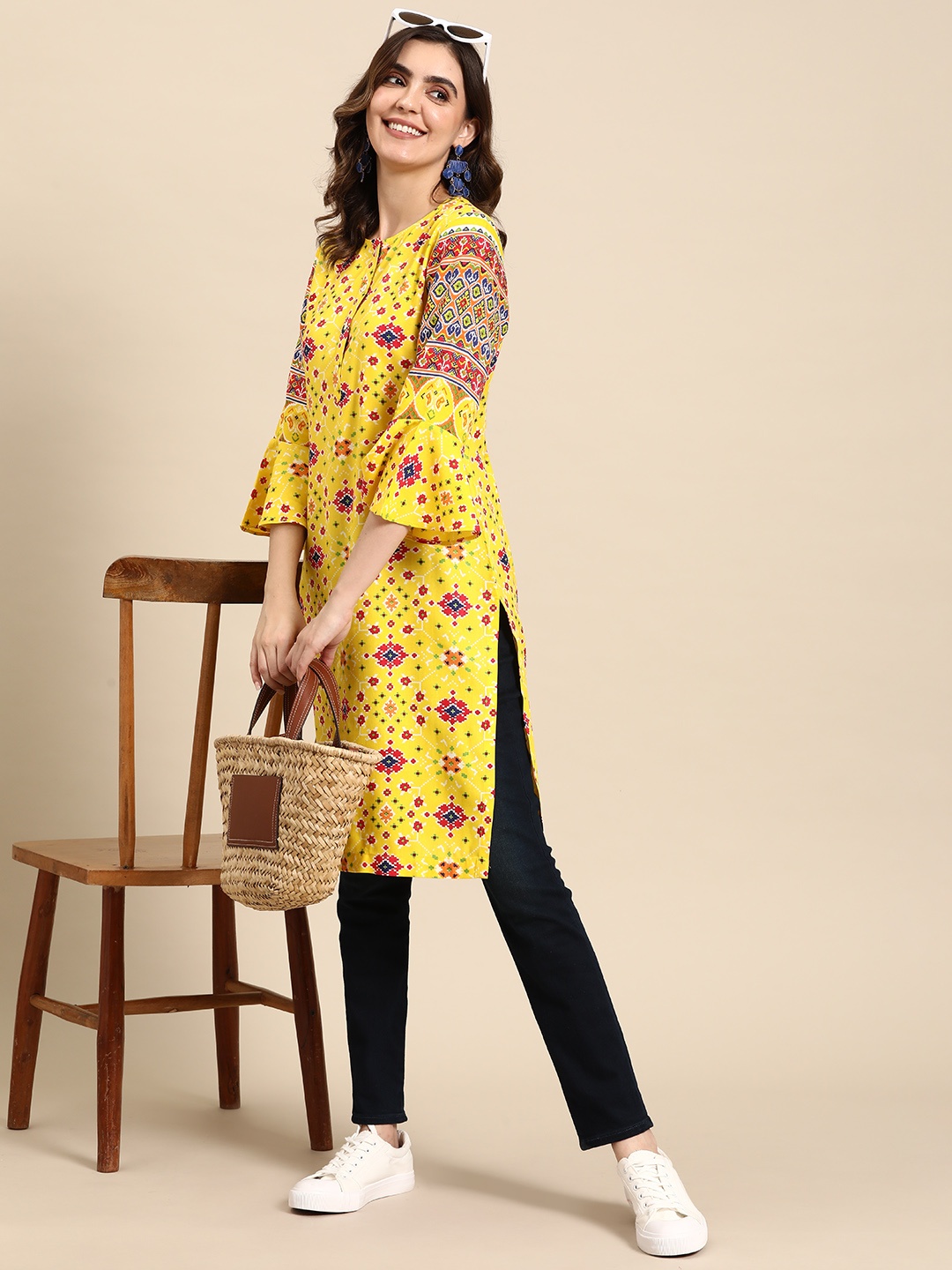 

Sangria Ethnic Motifs Printed Bell Sleeves Kurta, Yellow
