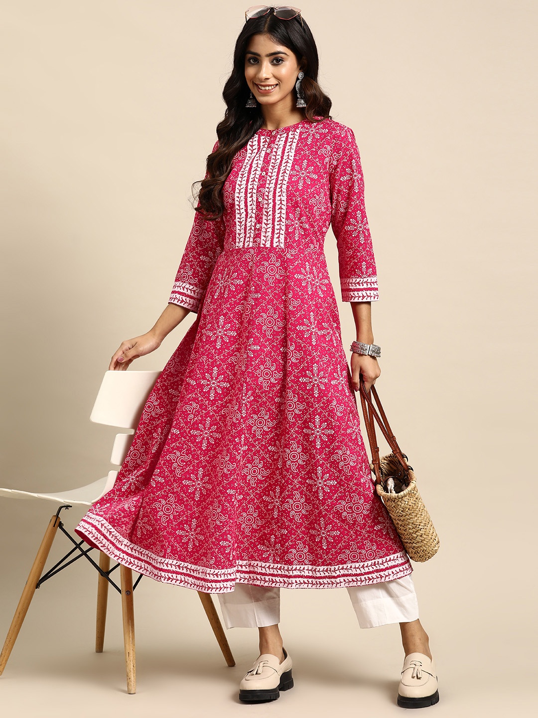 

Sangria Ethnic Motifs Print A-line Pure Cotton Kurta, Pink