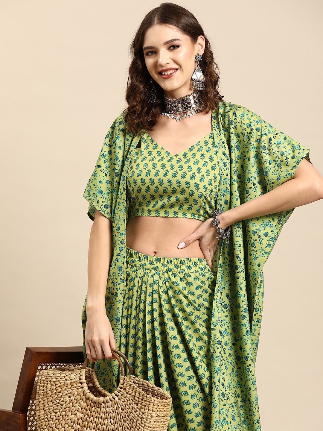 

Sangria Ethnic Motifs Print Co-Ords with Longline Shrug, Green