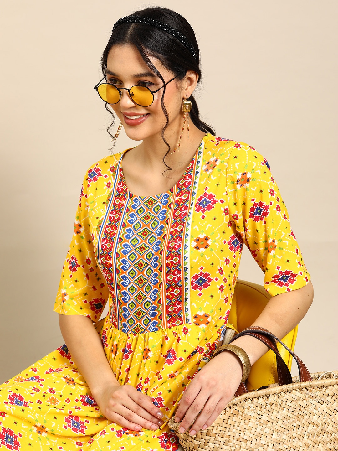 

Sangria Ethnic Motifs Printed A-Line Kurta, Yellow