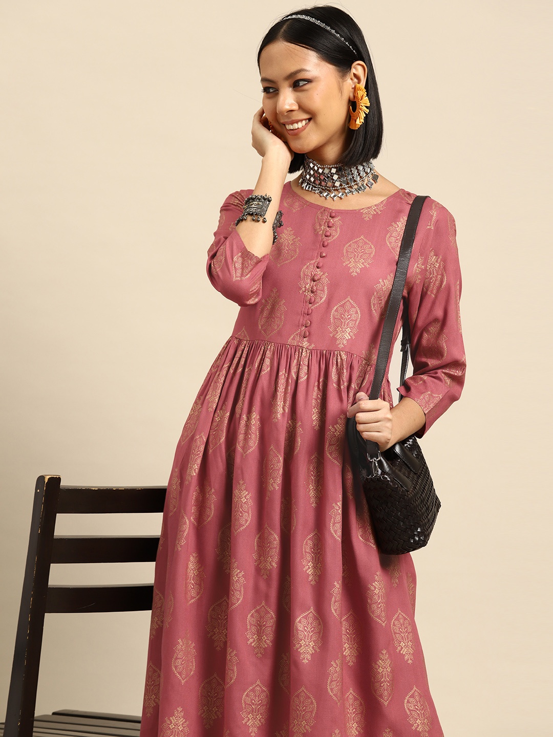 

Sangria Ethnic Motifs Print A-Line Kurta, Rust