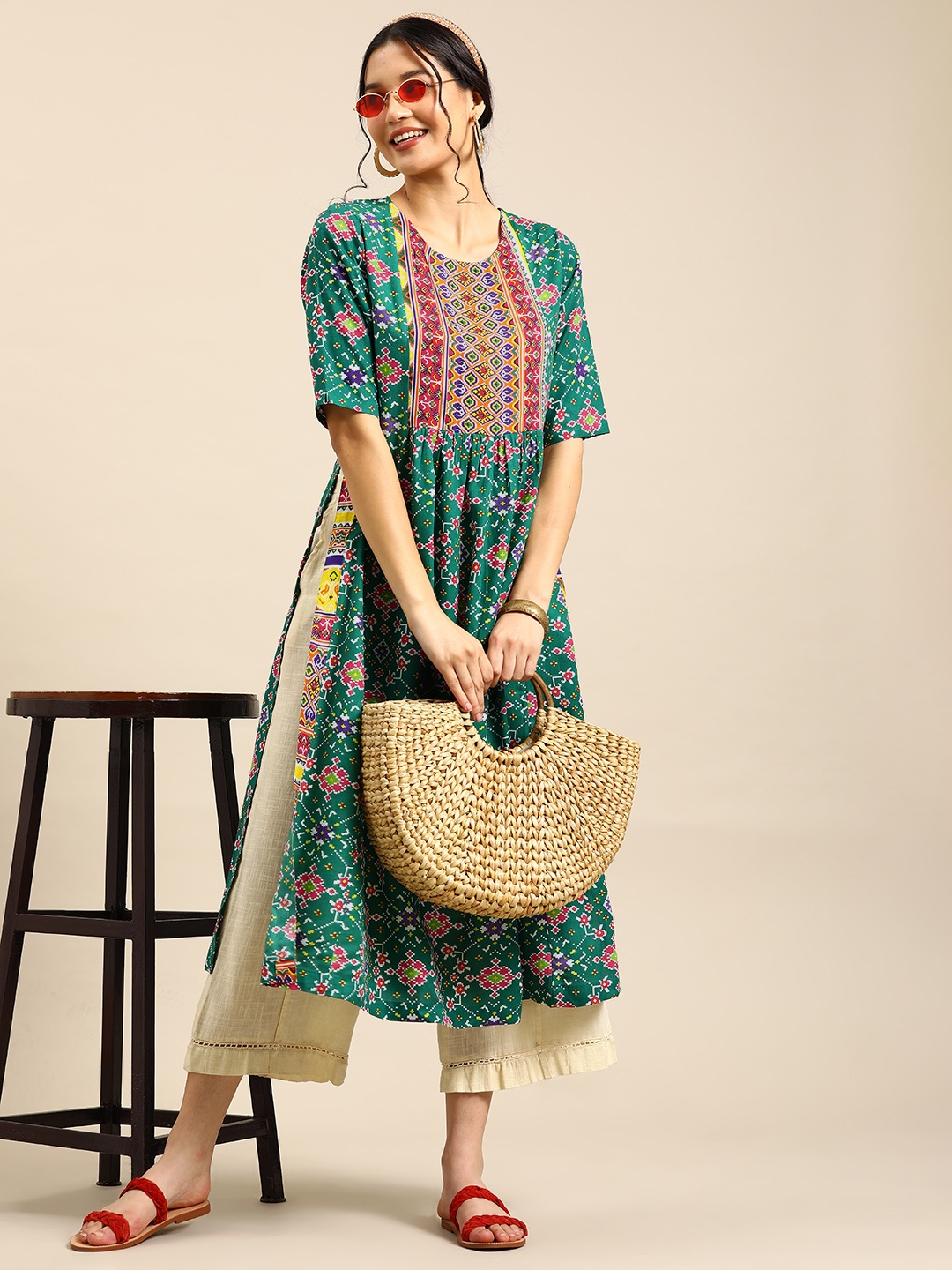 

Sangria Ethnic Motifs Printed A-Line Kurta, Green