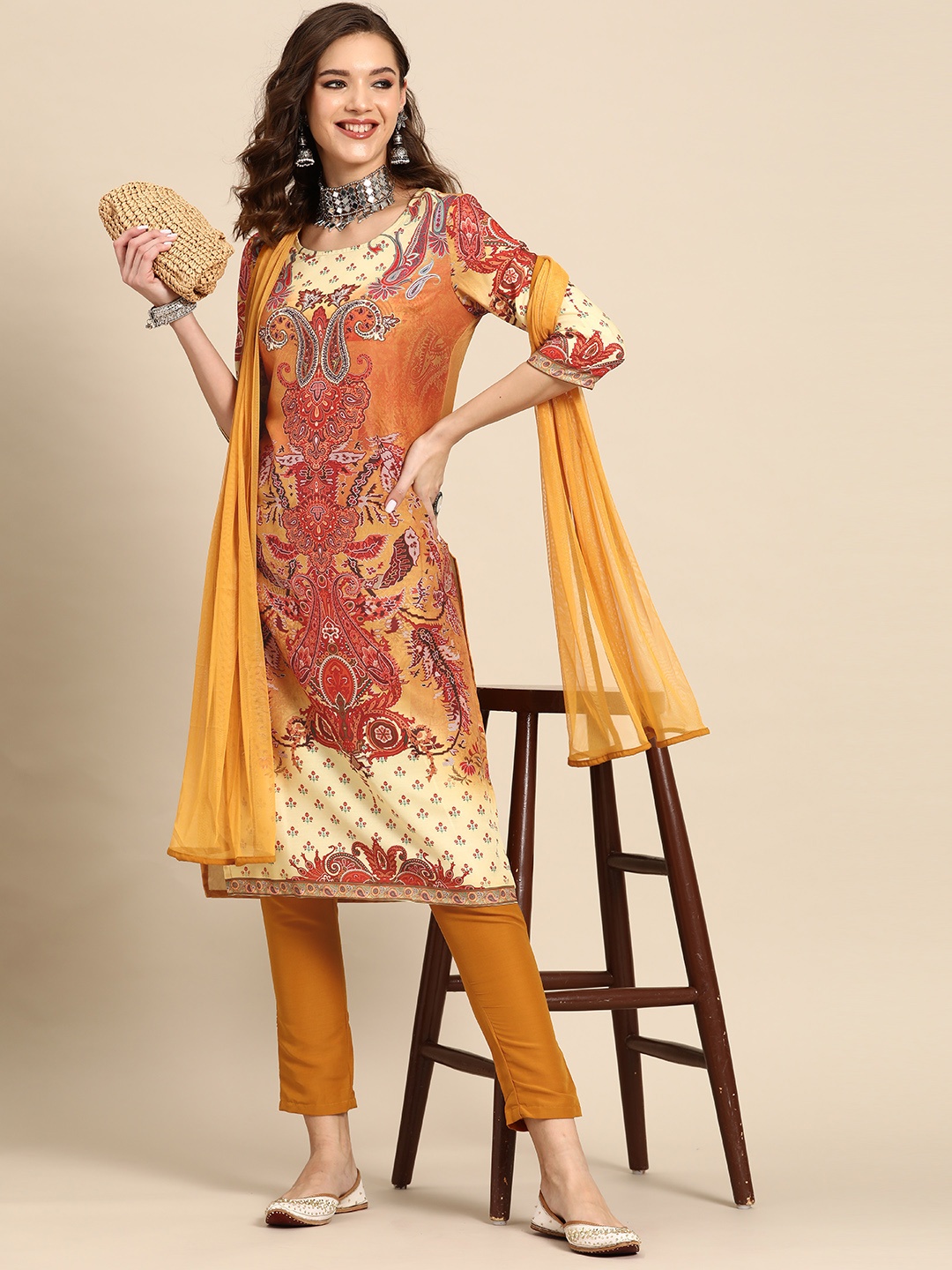 

Sangria Ethnic Motifs Print Regular Kurta with Trousers & Dupatta, Mustard