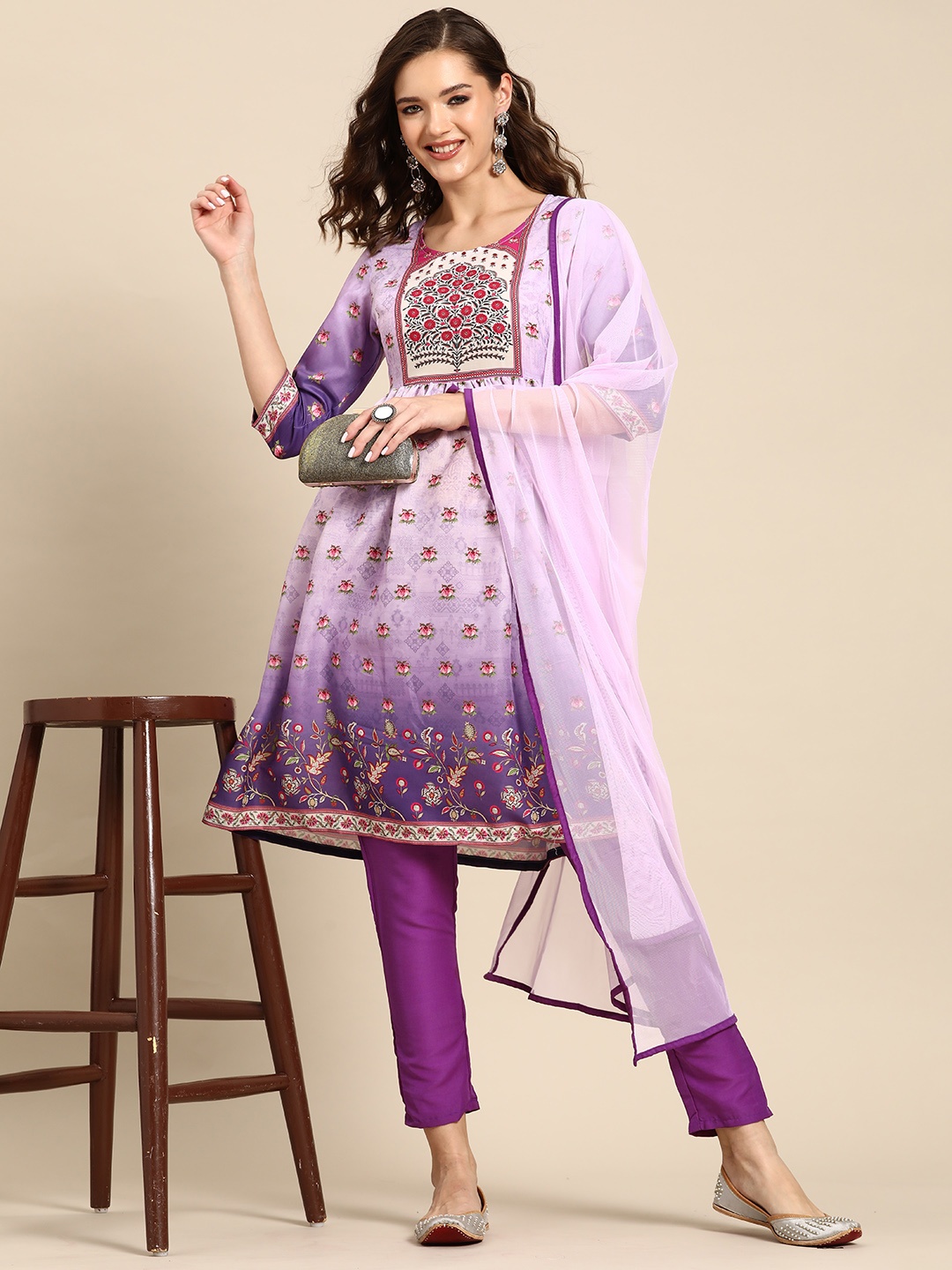 

Sangria Floral Print Pleated Kurta with Trousers & Dupatta, Lavender