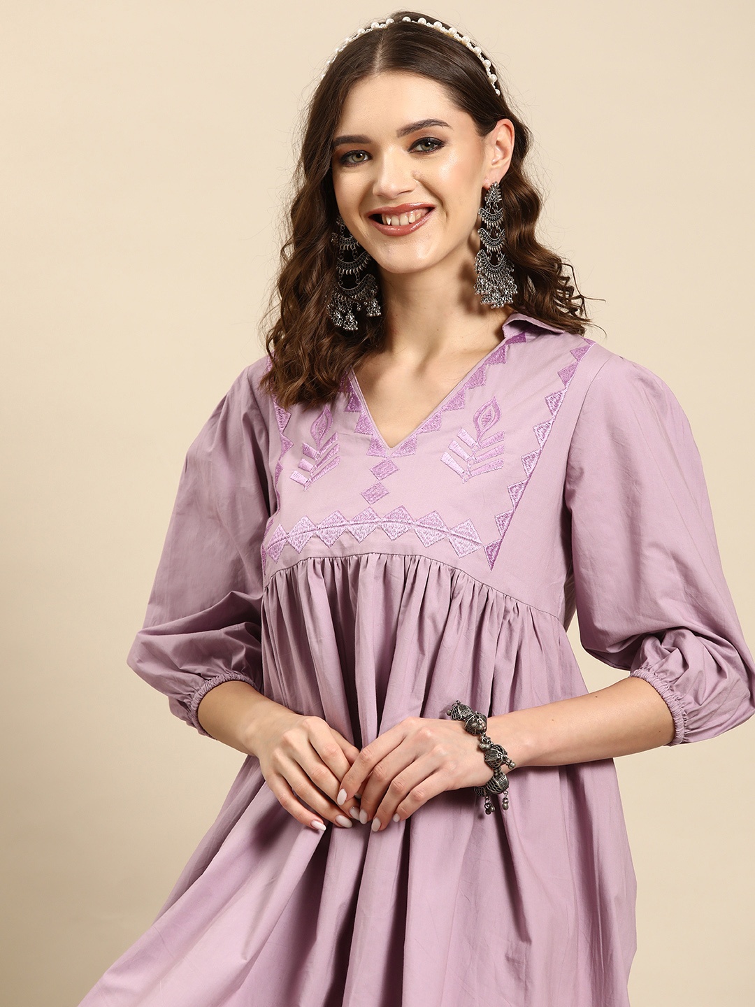 

Sangria Women Pure Cotton Embroidered Yoke Design Empire Ethnic Dress, Mauve