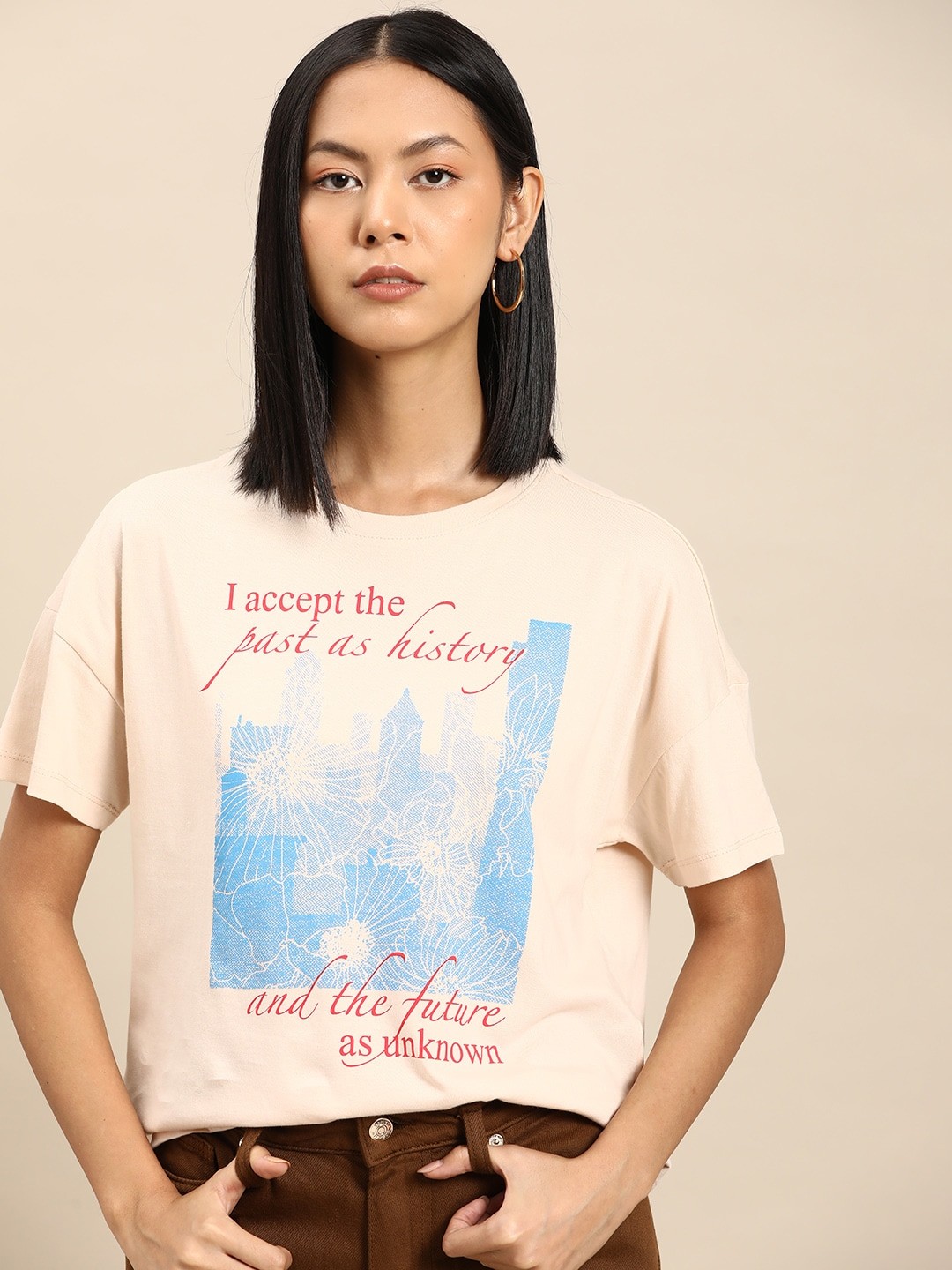 

all about you Printed Drop-Shoulder Sleeves Pure Cotton T-shirt, Peach