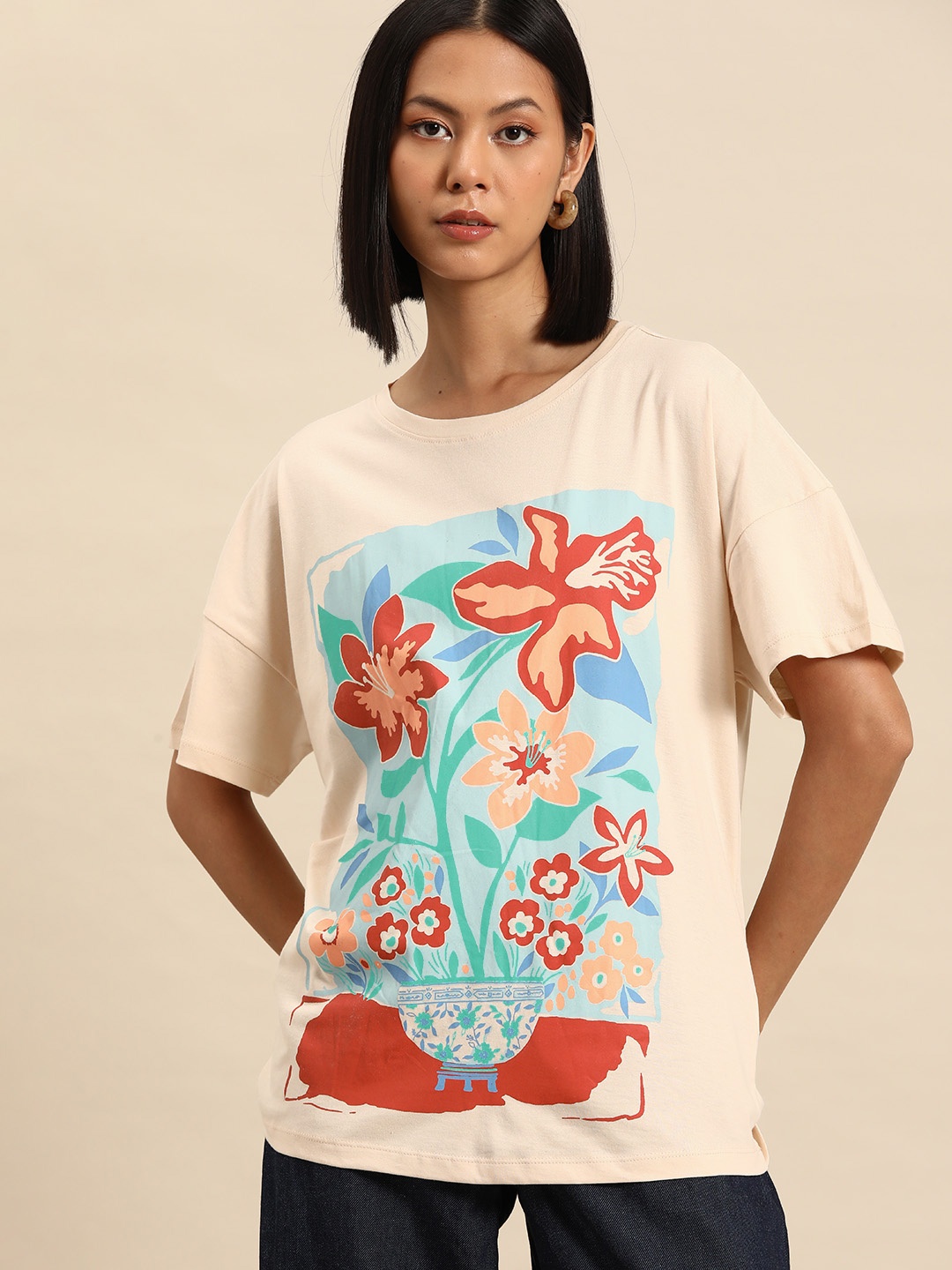 

all about you Women Floral Printed Drop-Shoulder Sleeves Pure Cotton T-shirt, Peach
