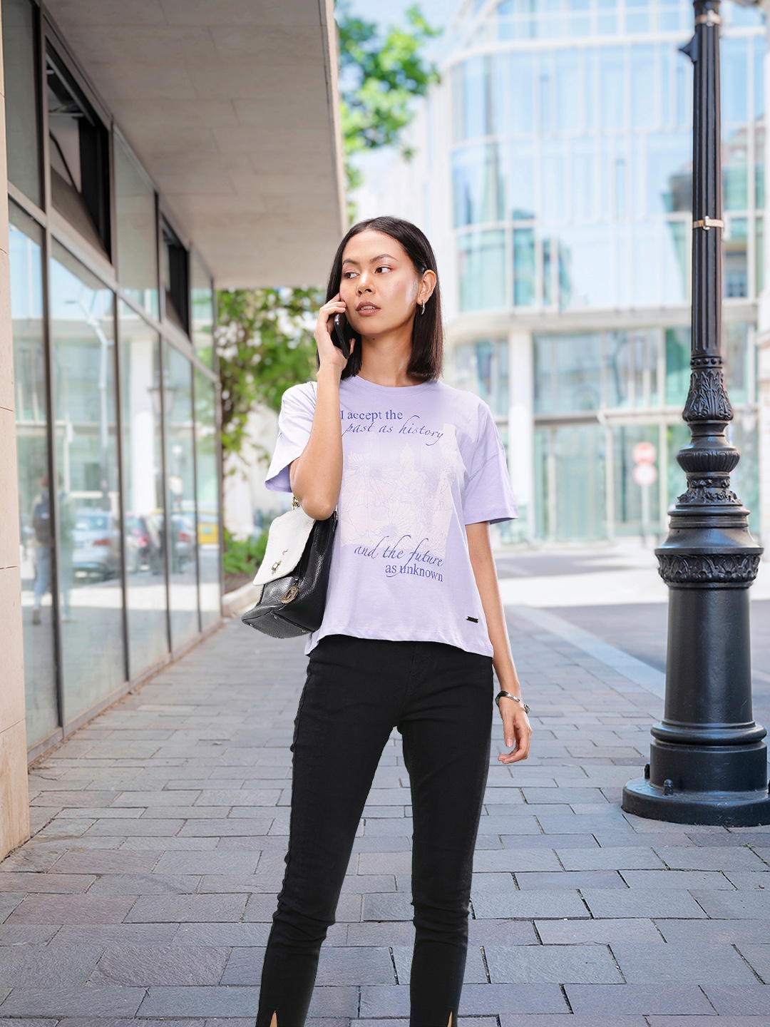 

all about you Printed Drop-Shoulder Sleeves Pure Cotton T-shirt, Lavender