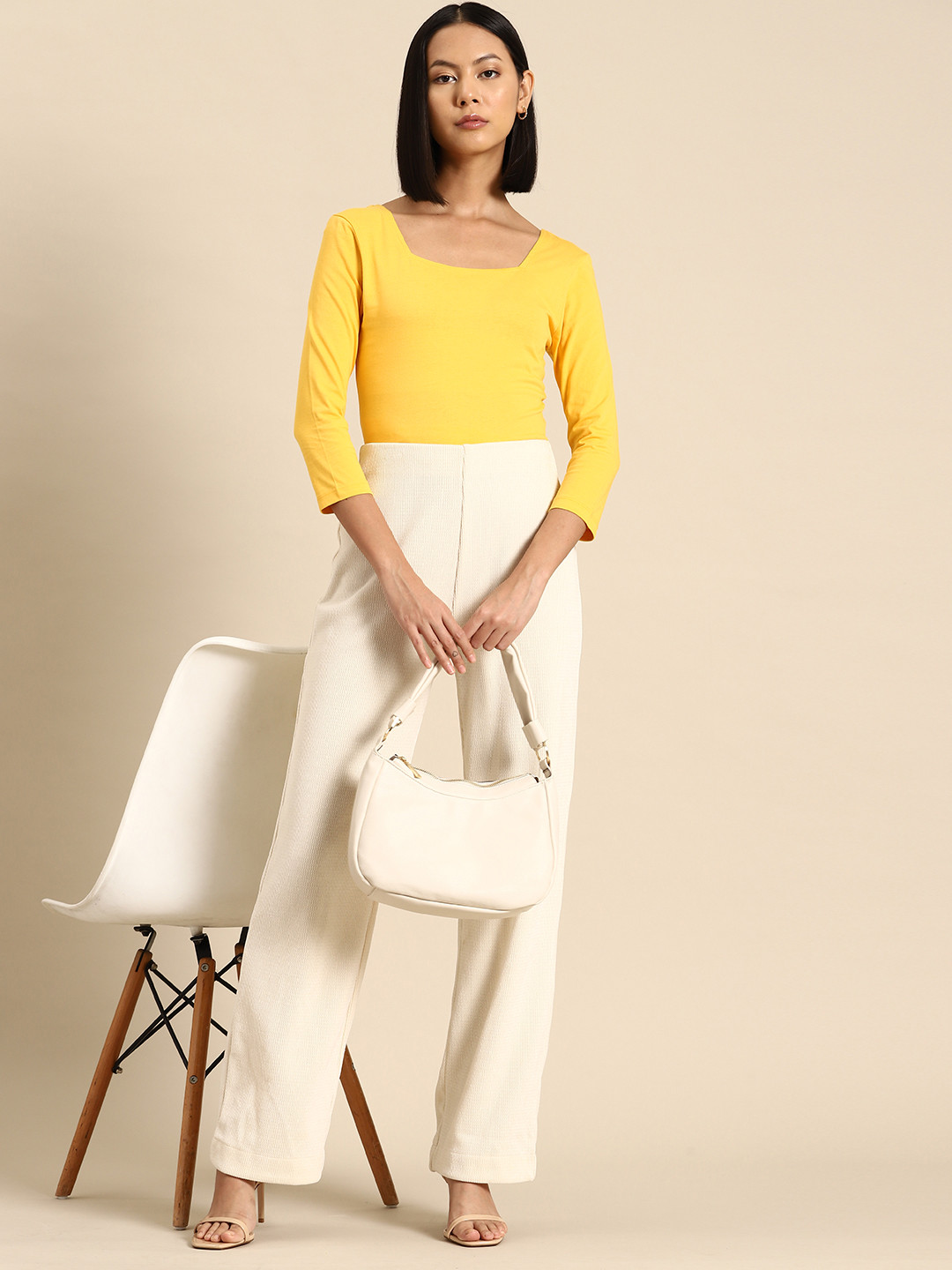 

all about you Square Neck Three-Quarter Sleeves Regular Fit Top, Yellow