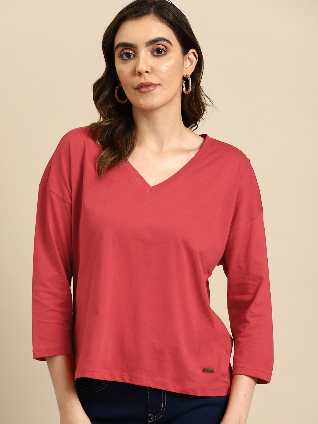 

all about you V-Neck Drop-Shoulder Sleeves Pure Cotton T-shirt, Red