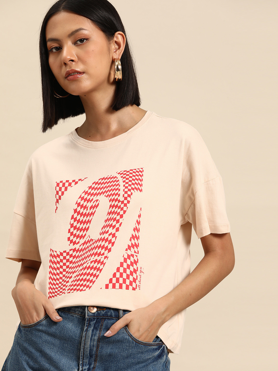 

all about you Women Printed Drop-Shoulder Sleeves Pure Cotton T-shirt, Peach