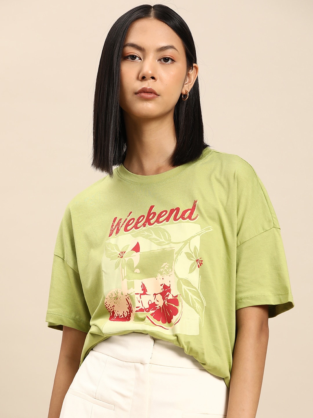 

all about you Printed Drop-Shoulder Sleeves Pure Cotton T-shirt, Green
