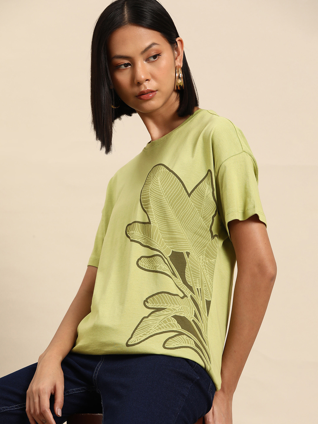 

all about you Women Printed Drop-Shoulder Sleeves Pure Cotton T-shirt, Olive