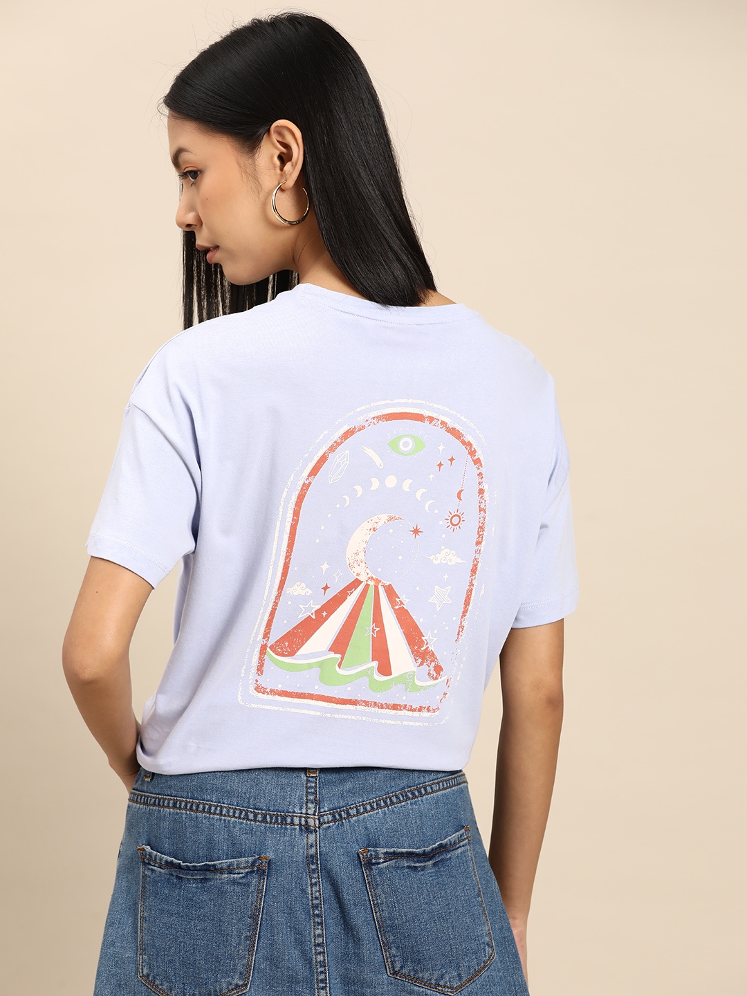 

all about you Printed Drop-Shoulder Sleeves Pure Cotton T-shirt, Blue
