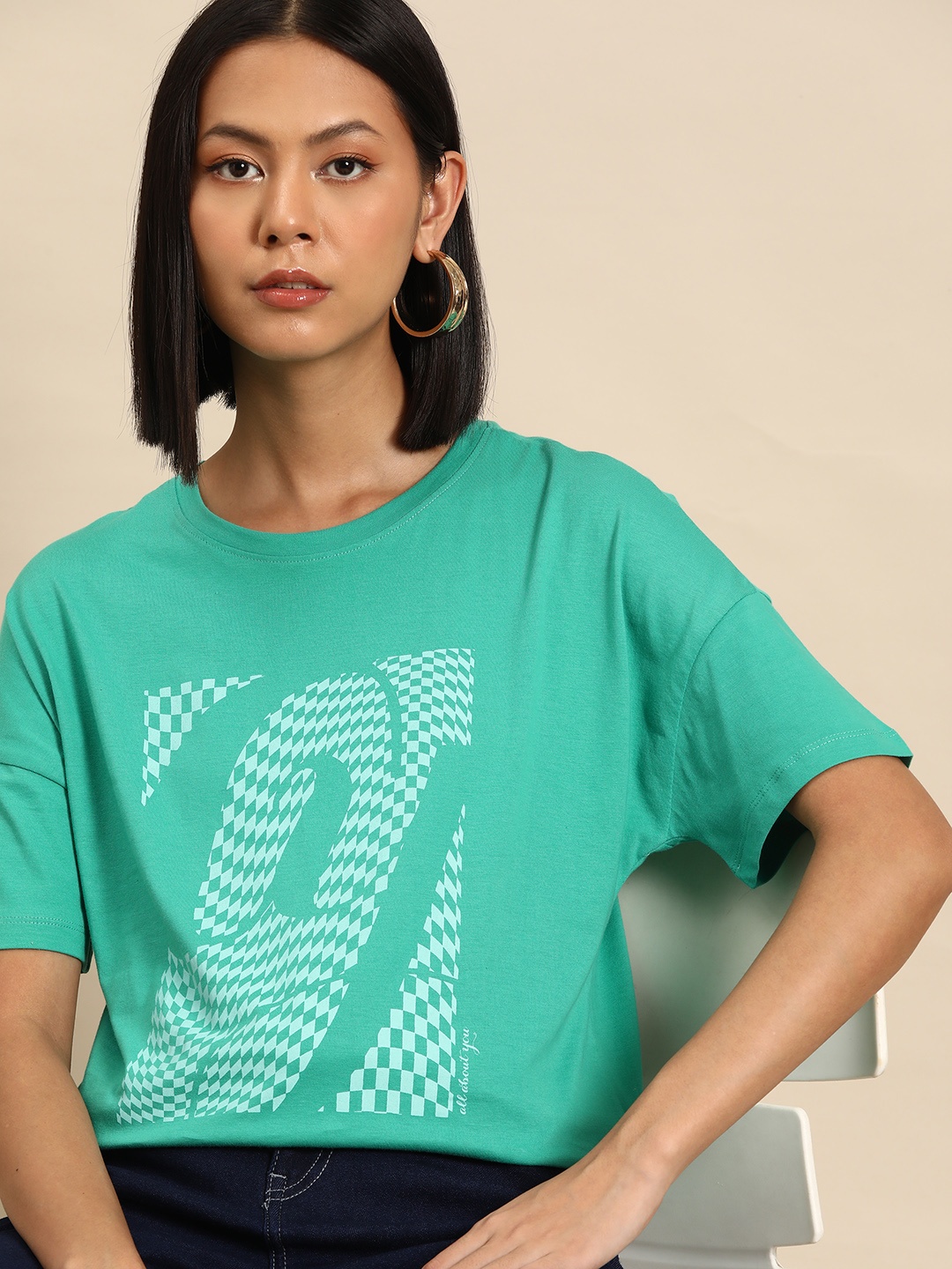 

all about you Women Printed Drop-Shoulder Sleeves Pure Cotton T-shirt, Sea green