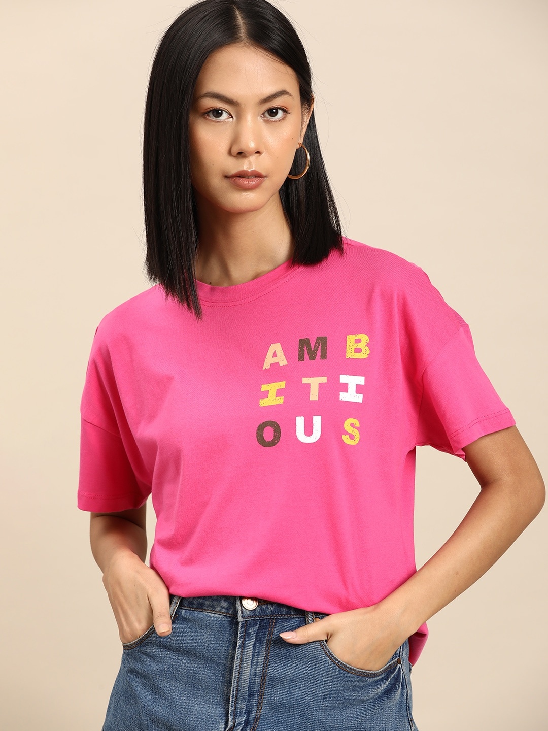 

all about you Printed Drop-Shoulder Sleeves T-shirt, Magenta