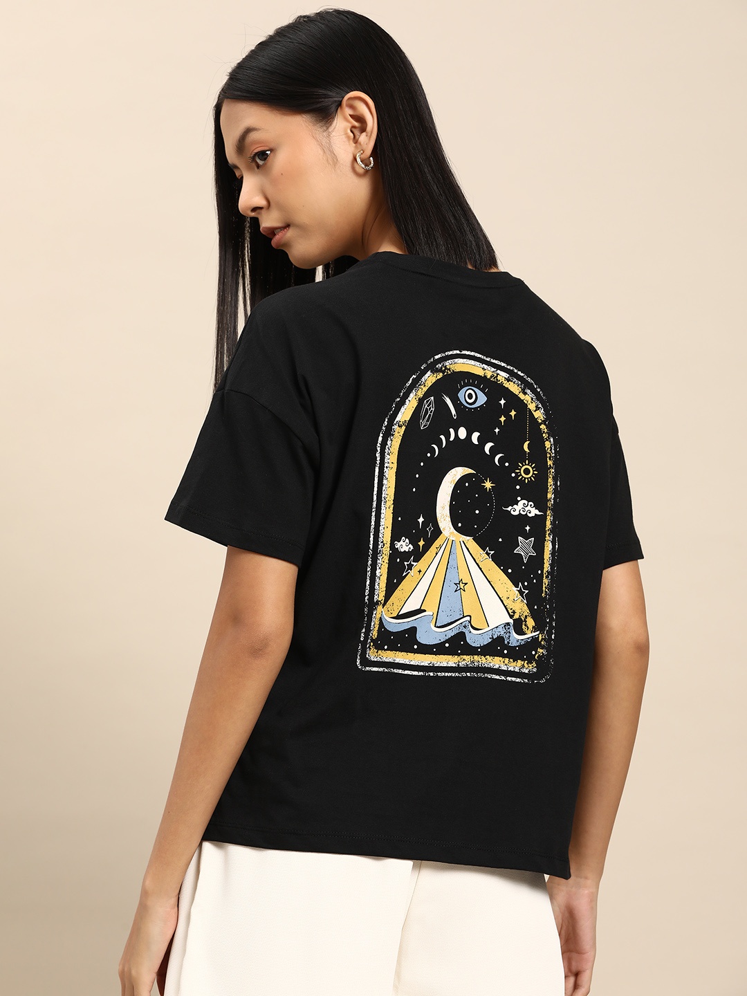 

all about you Printed Drop-Shoulder Sleeves Pure Cotton T-shirt, Black