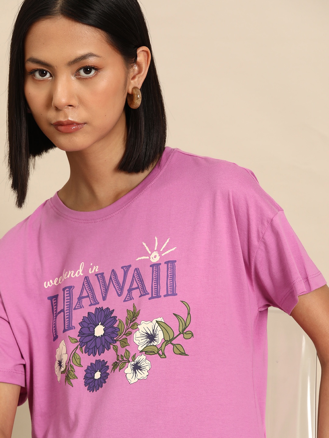 

all about you Women Printed Drop-Shoulder Sleeves Tropical Pure Cotton T-shirt, Pink