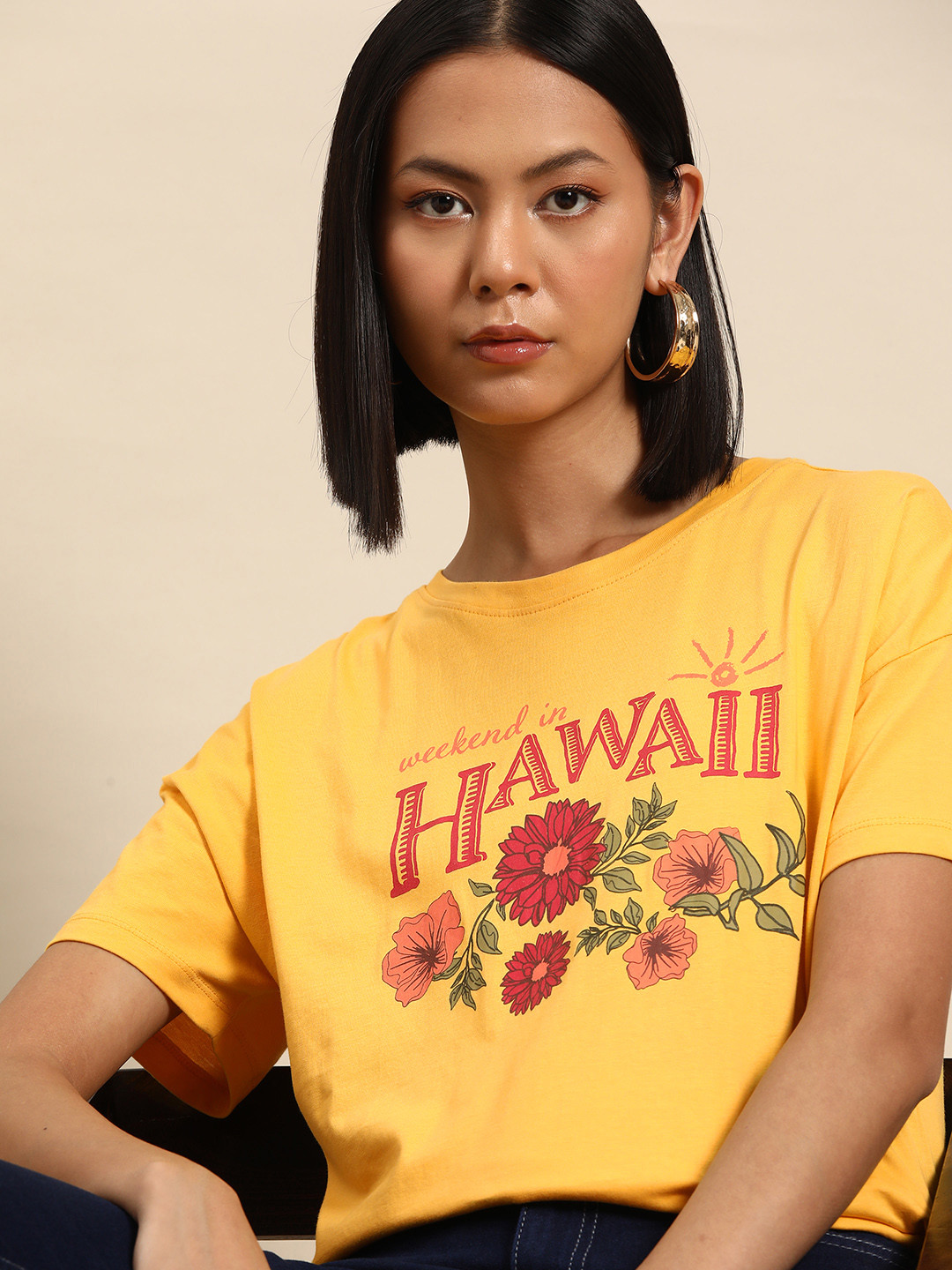 

all about you Women Printed Drop-Shoulder Sleeves Tropical Pure Cotton T-shirt, Yellow